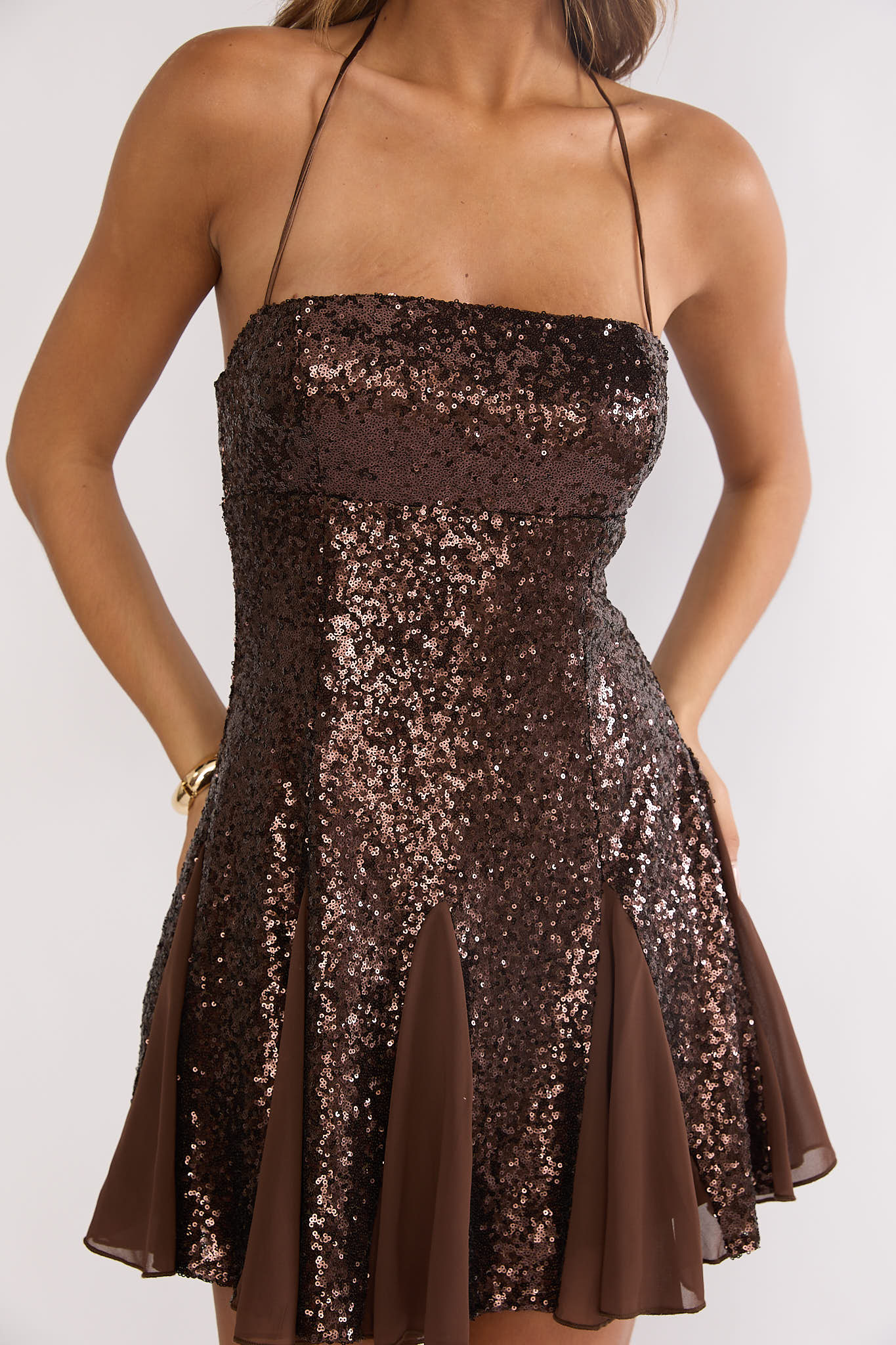 Belora Halterneck Godet Hem Mini Dress Dk Brown-Maymioy