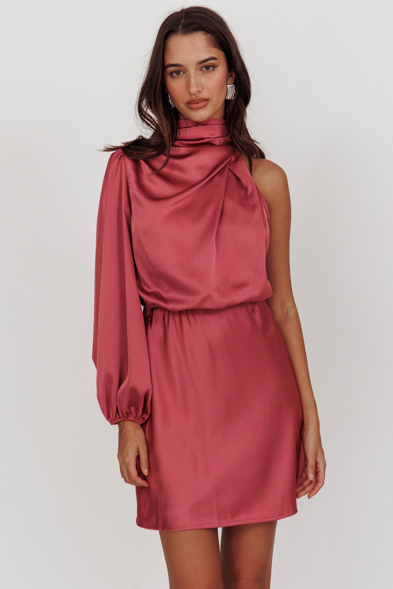 Can't Compete One Sleeve Satin Mini Dress Dusty Pink-Maymioy