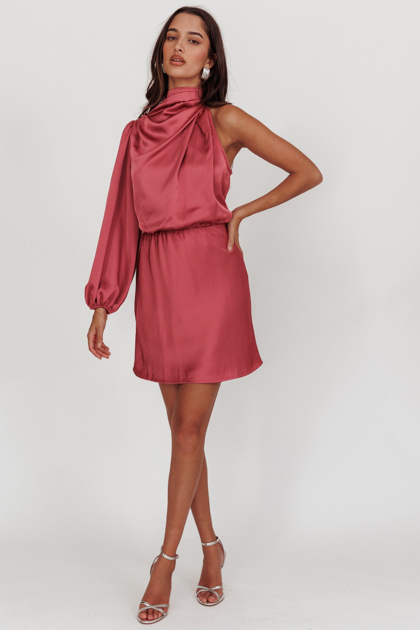Can't Compete One Sleeve Satin Mini Dress Dusty Pink-Maymioy
