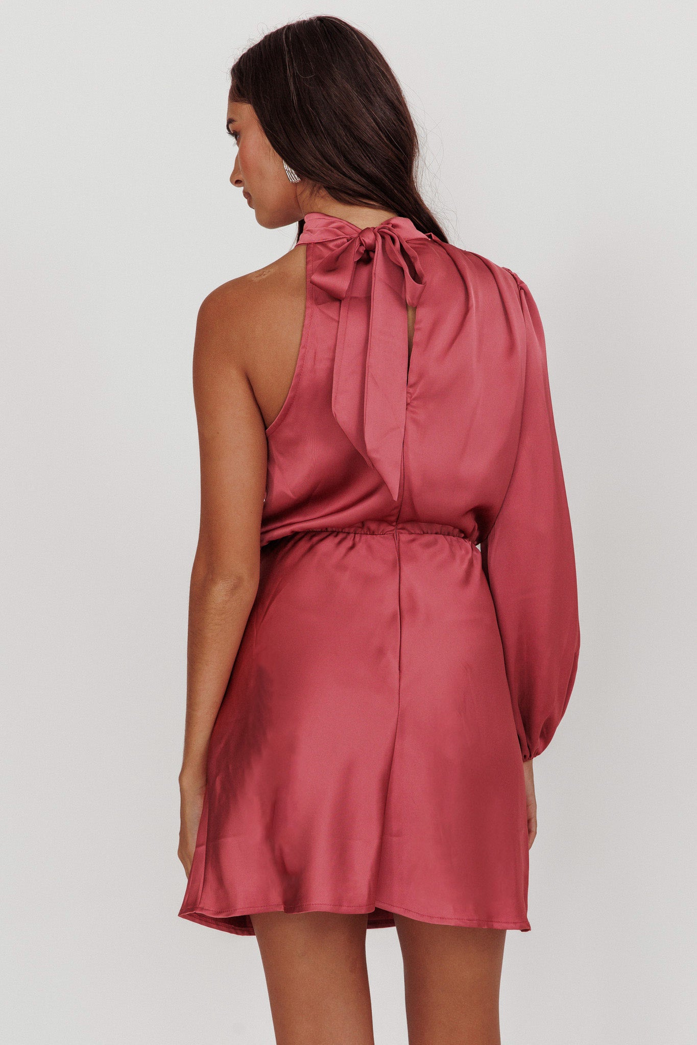 Can't Compete One Sleeve Satin Mini Dress Dusty Pink-Maymioy