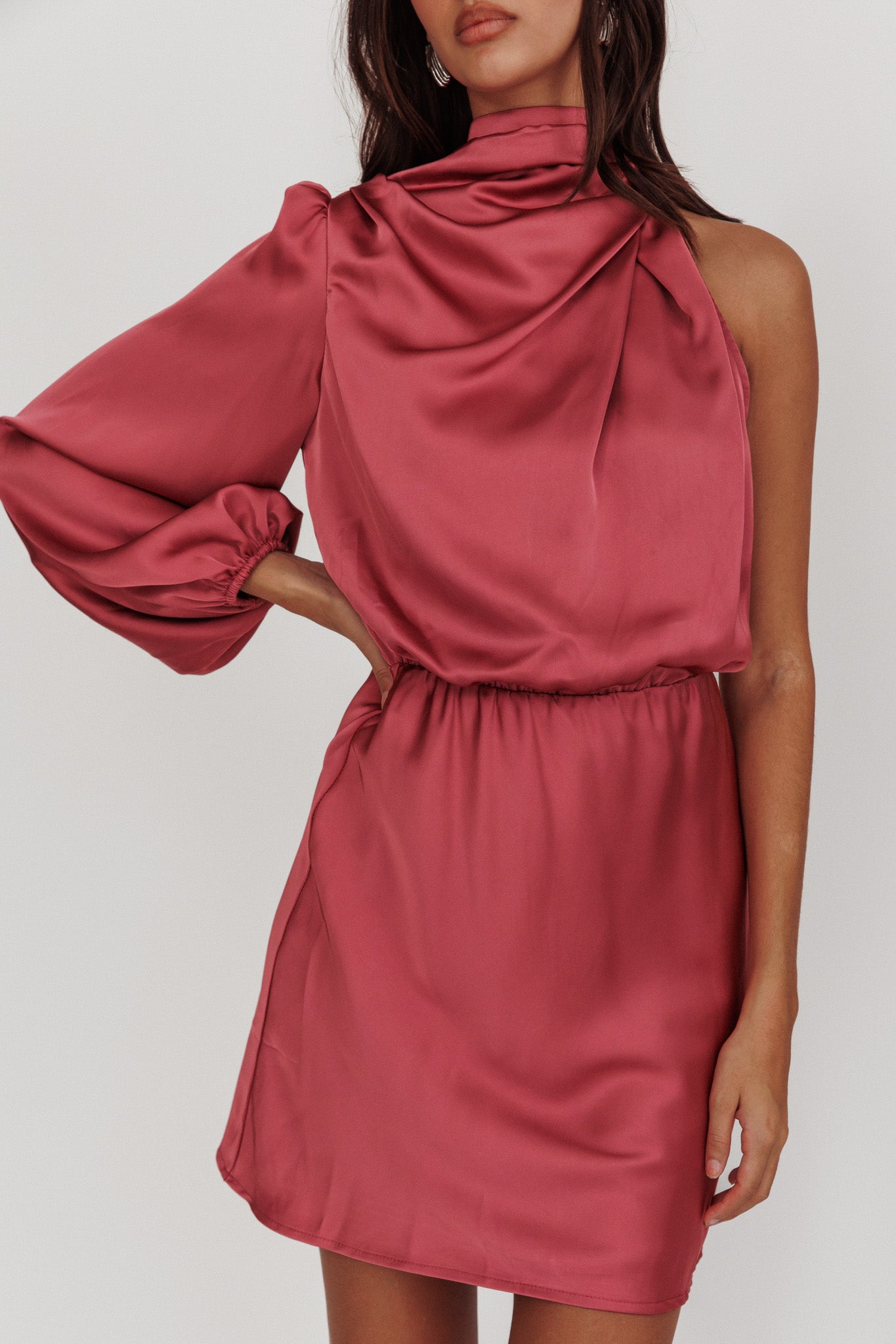 Can't Compete One Sleeve Satin Mini Dress Dusty Pink-Maymioy