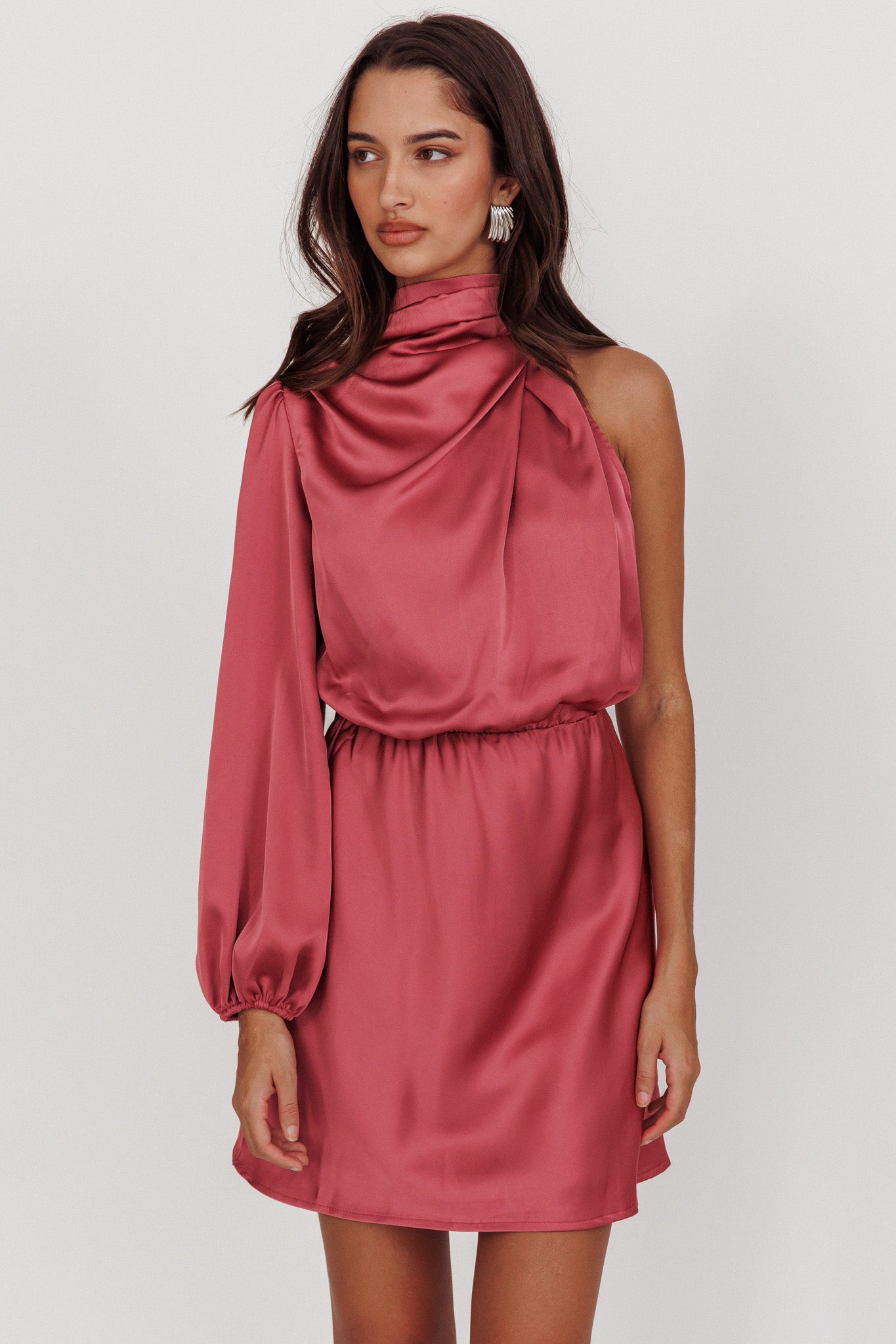 Can't Compete One Sleeve Satin Mini Dress Dusty Pink-Maymioy