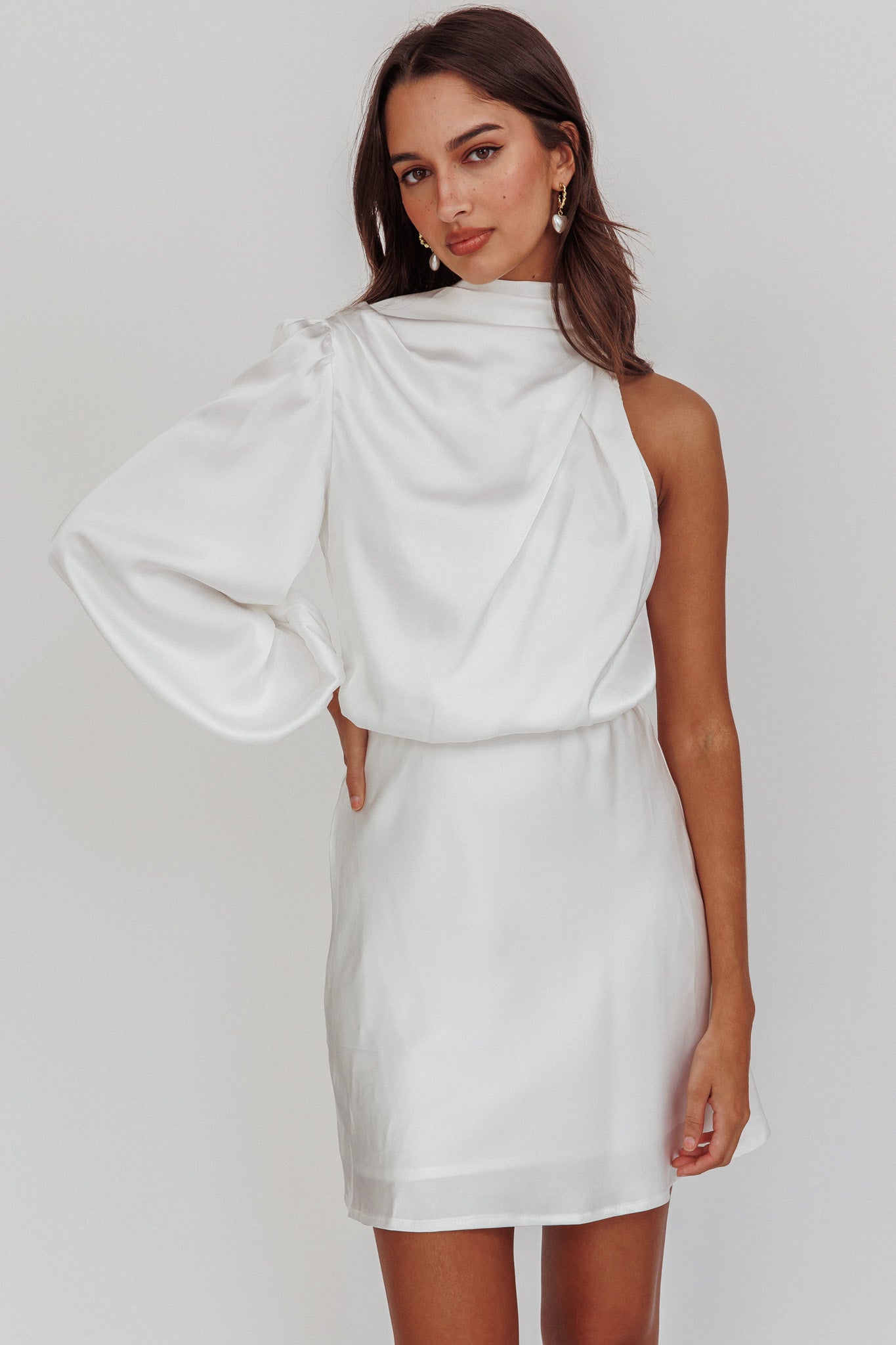 Can't Compete One Sleeve Mini Dress Off White-Maymioy