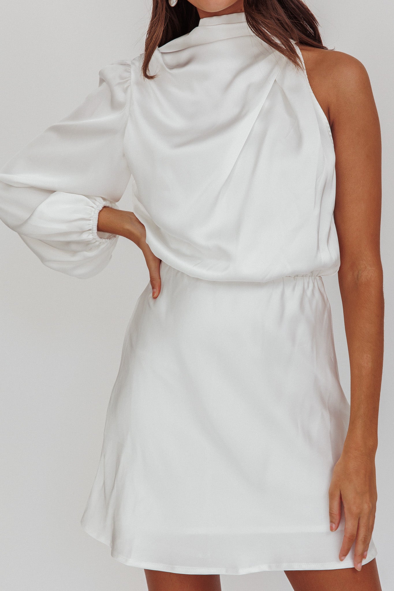 Can't Compete One Sleeve Mini Dress Off White-Maymioy