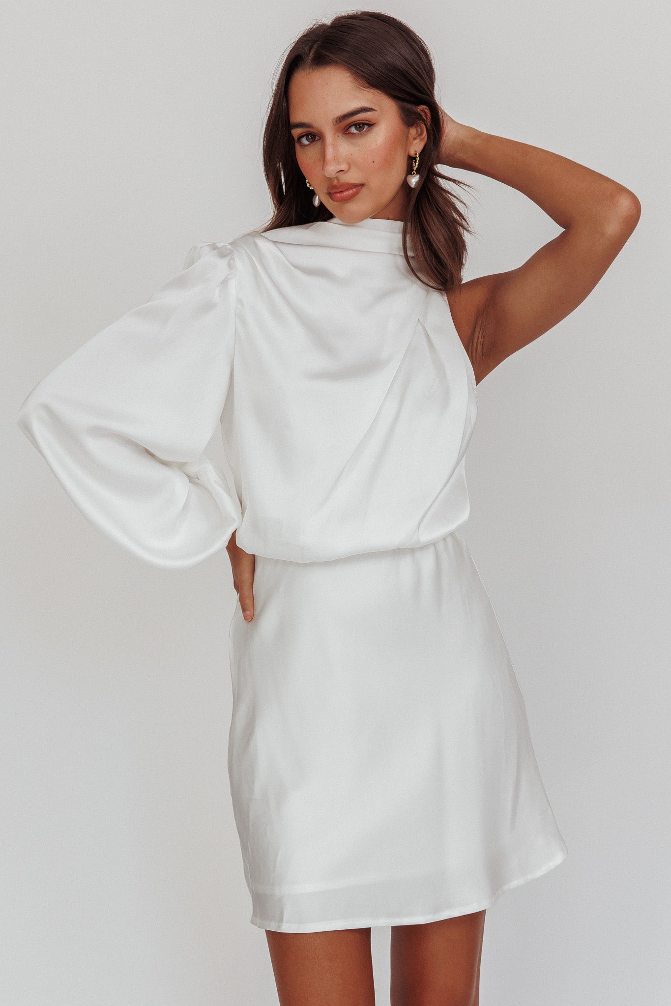 Can't Compete One Sleeve Mini Dress Off White-Maymioy