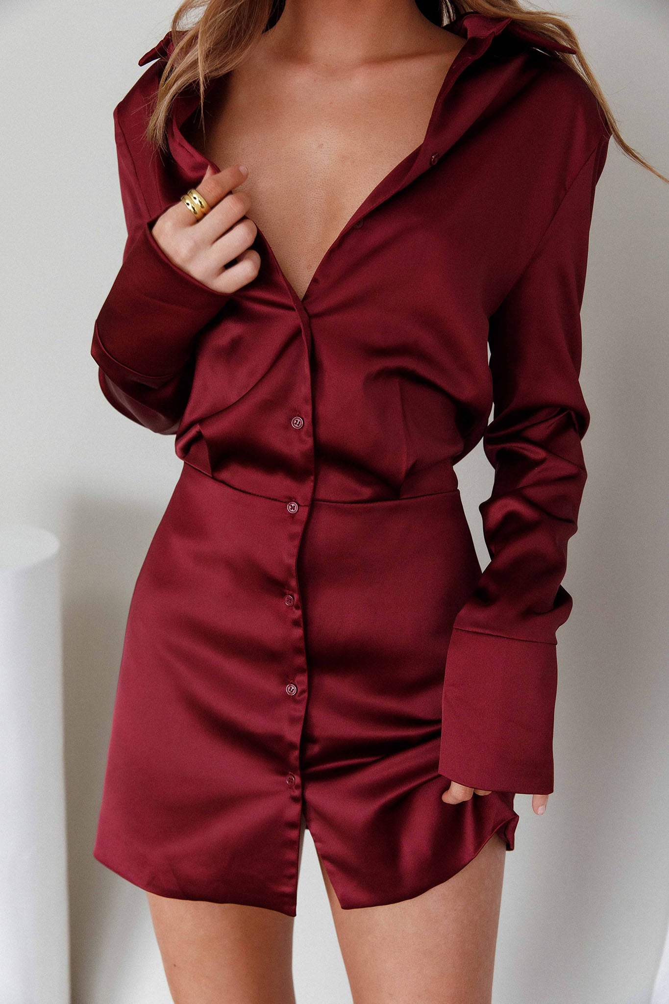 Lisbeth Collared Shirt Dress Burgundy-Maymioy