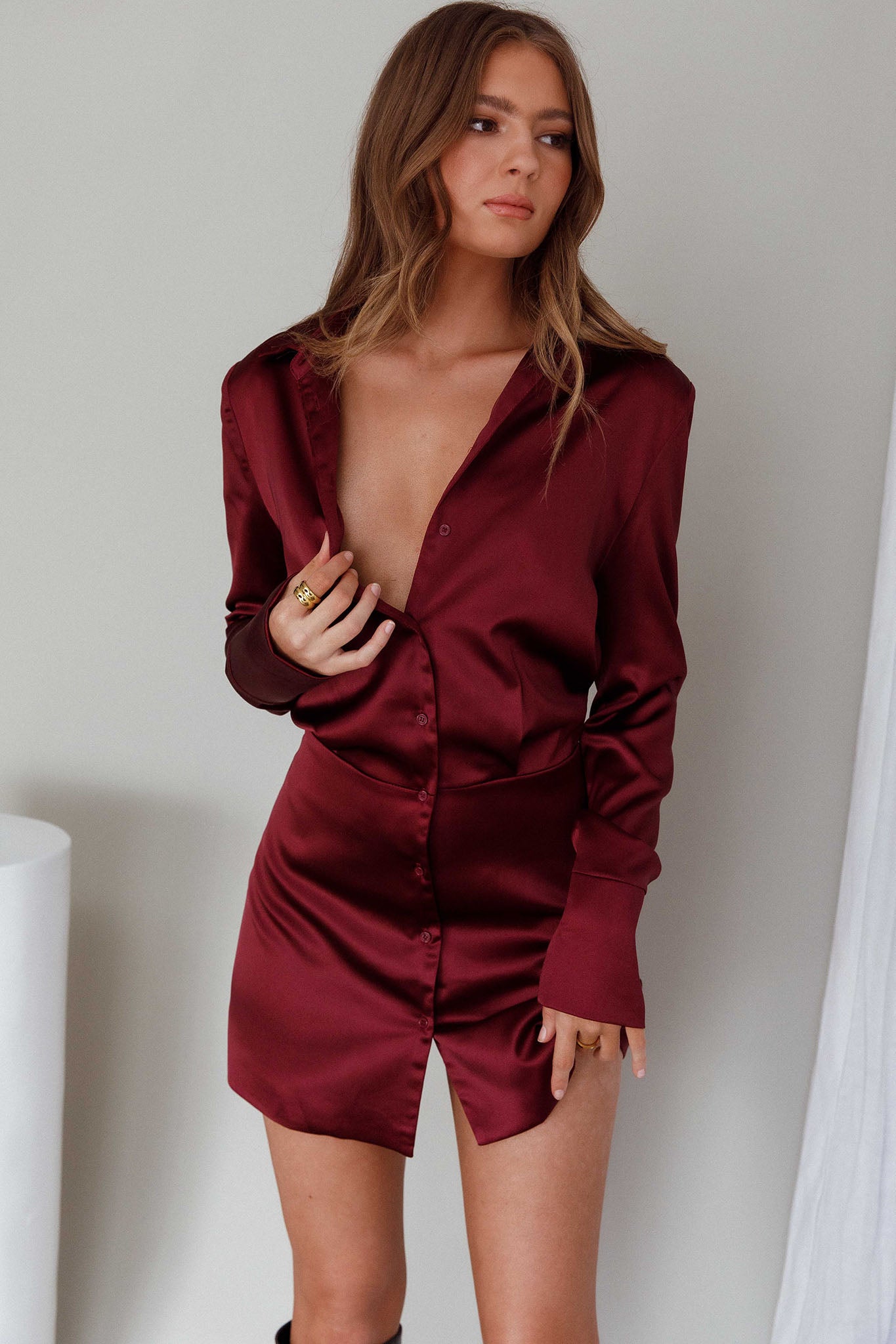 Lisbeth Collared Shirt Dress Burgundy-Maymioy