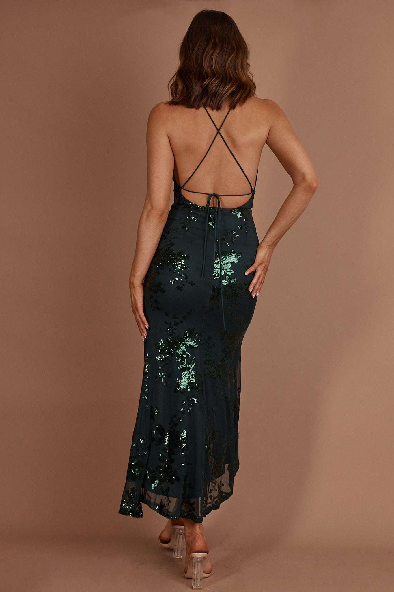 Haylan Sequin Backless Midi Dress Forest Green-Maymioy