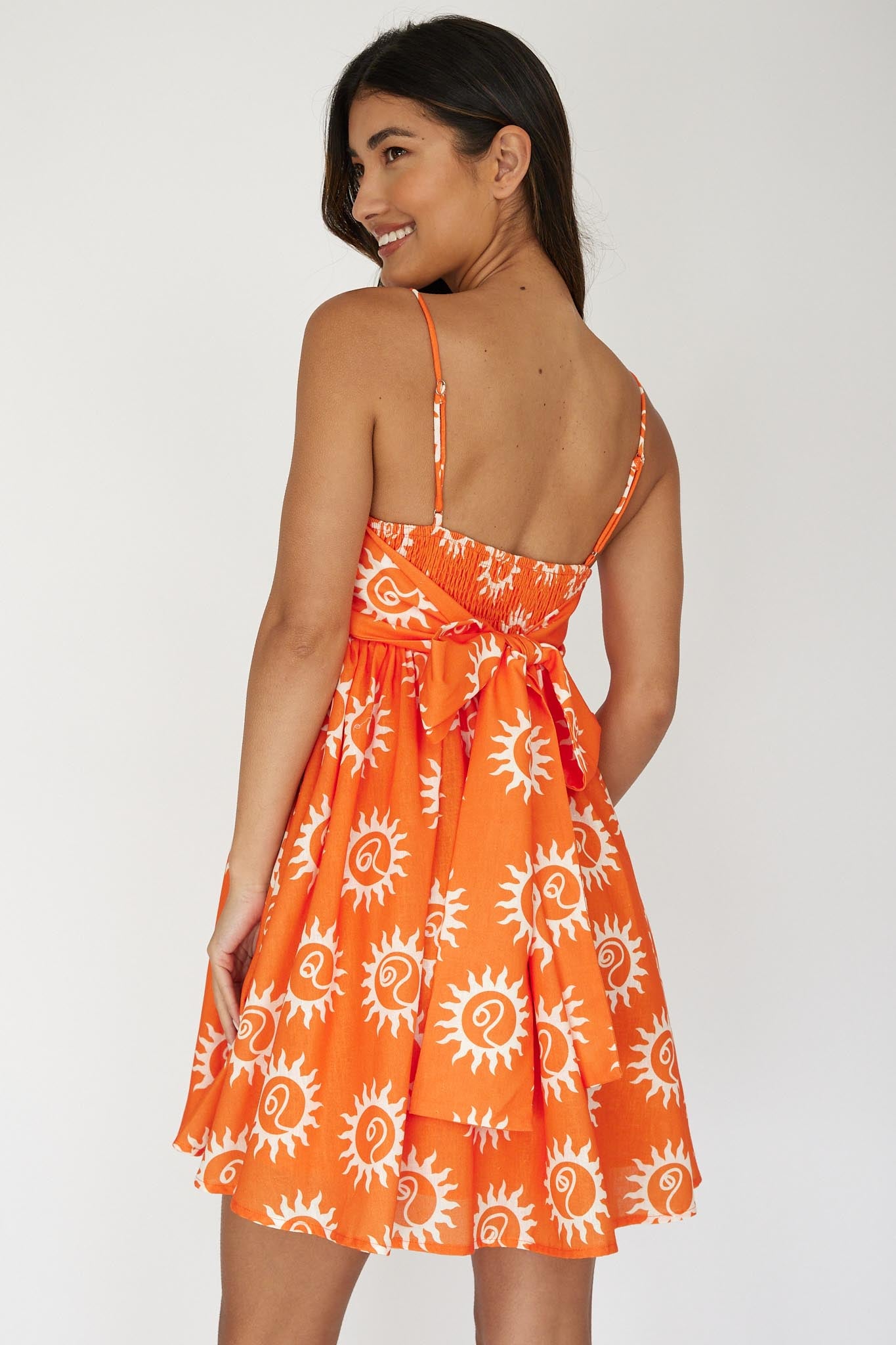 Sweet Solace Back Tie Mini Dress Sun Orange-Maymioy