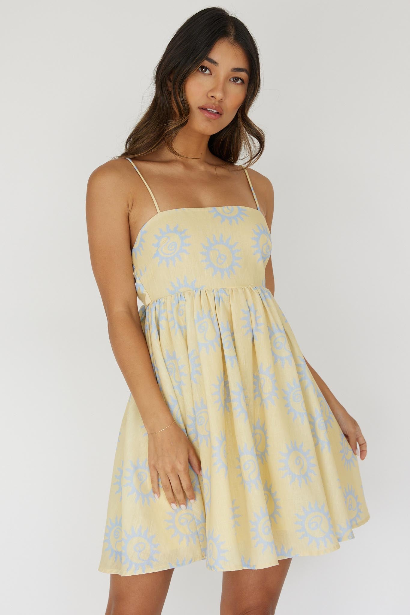 Sweet Solace Back Tie Mini Dress Sun Yellow-Maymioy