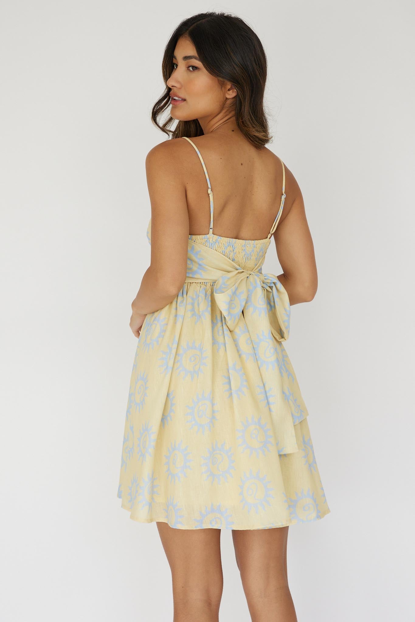 Sweet Solace Back Tie Mini Dress Sun Yellow-Maymioy