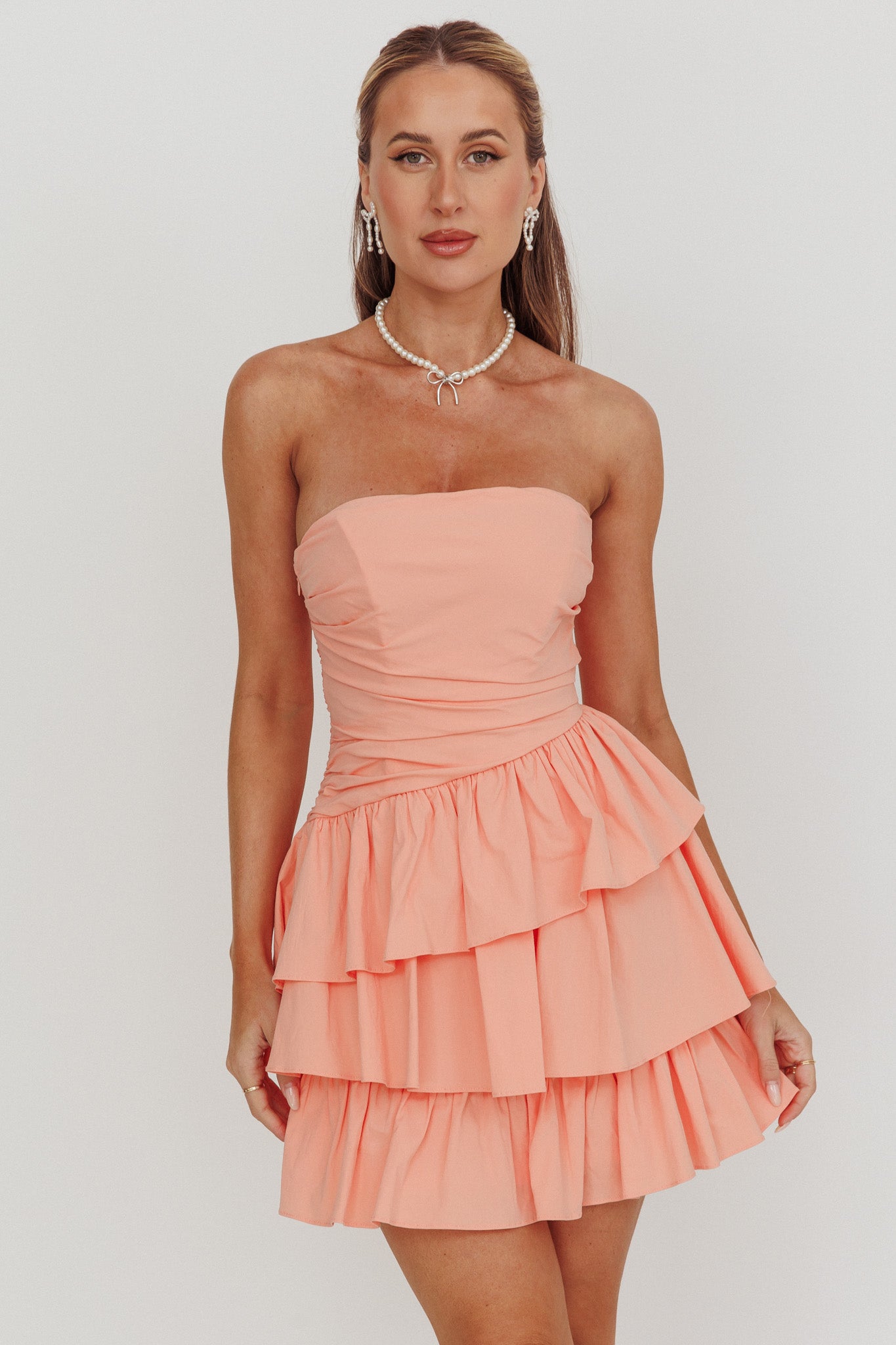 Destini Strapless Layered Frill Mini Dress Blush-Maymioy