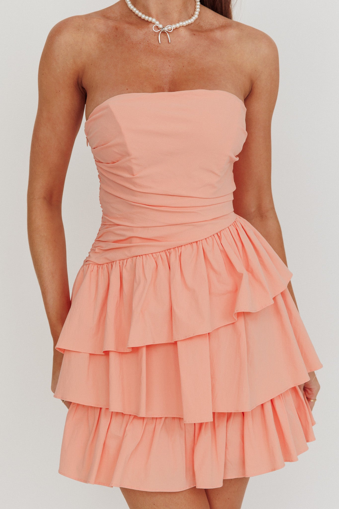 Destini Strapless Layered Frill Mini Dress Blush-Maymioy