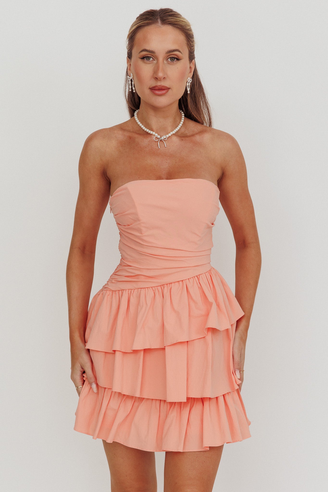 Destini Strapless Layered Frill Mini Dress Blush-Maymioy