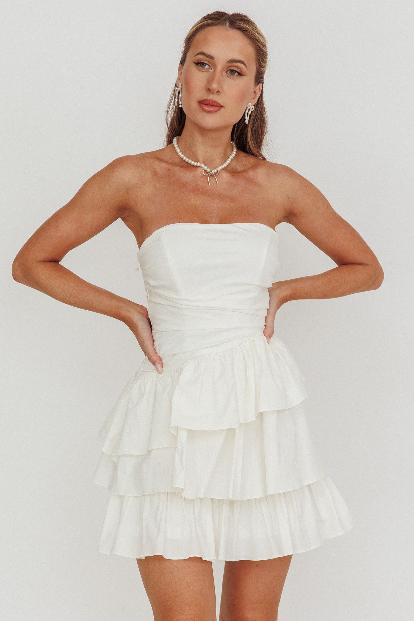 Destini Strapless Layered Frill Mini Dress Off White-Maymioy