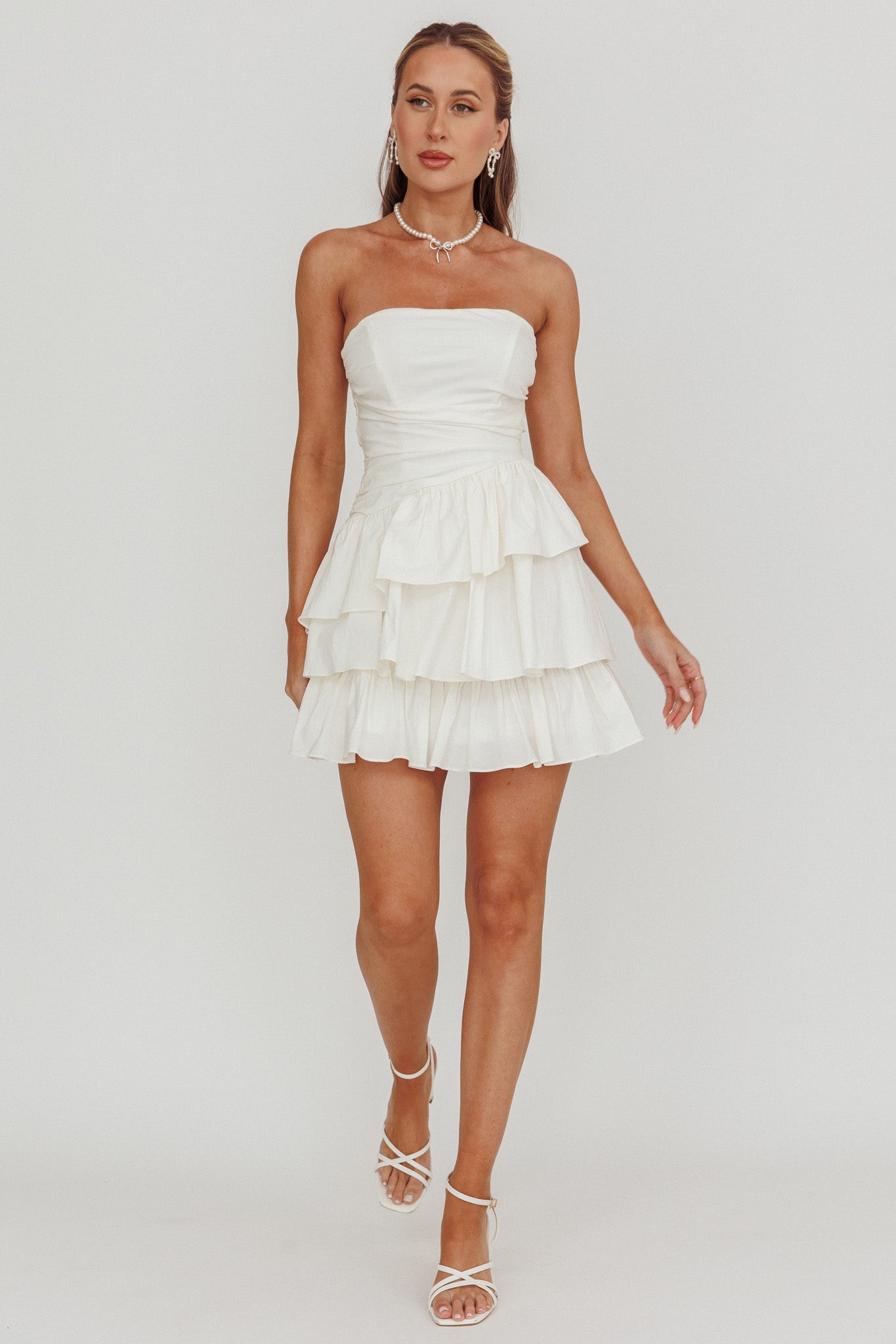 Destini Strapless Layered Frill Mini Dress Off White-Maymioy
