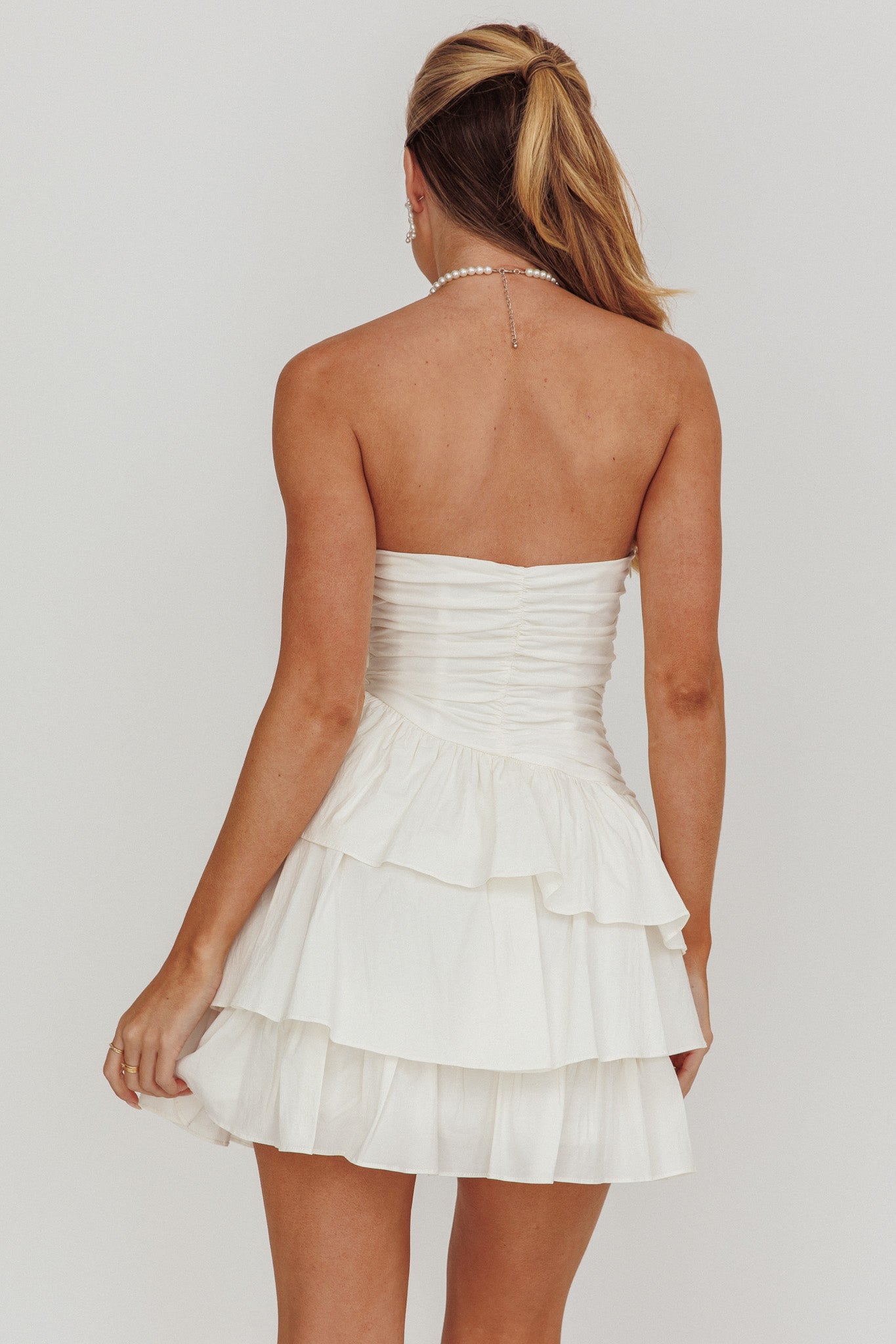 Destini Strapless Layered Frill Mini Dress Off White-Maymioy
