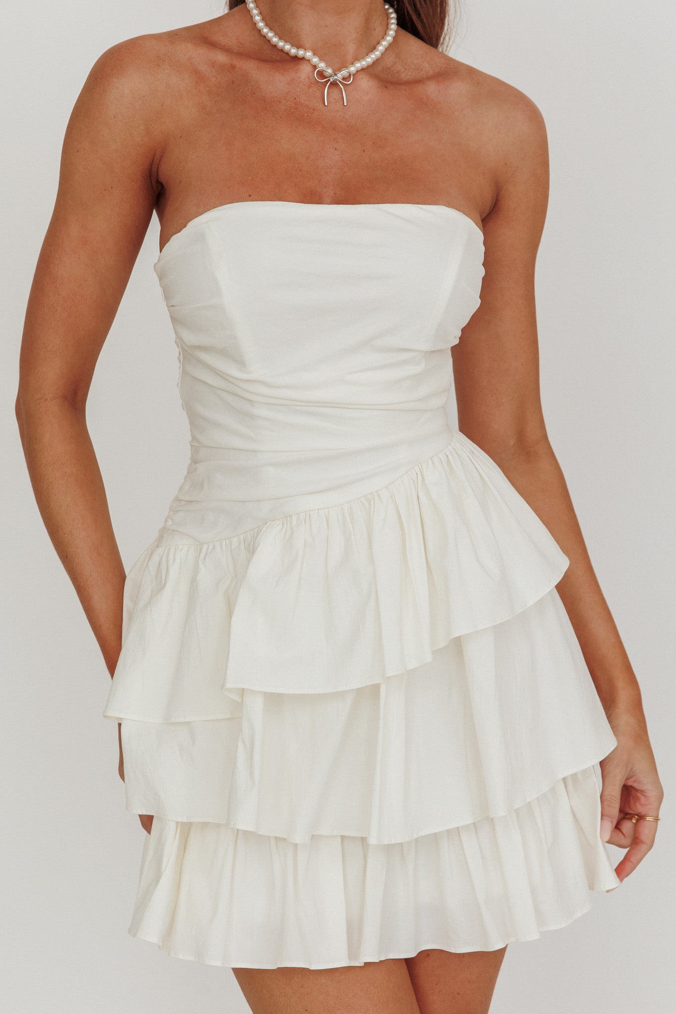 Destini Strapless Layered Frill Mini Dress Off White-Maymioy