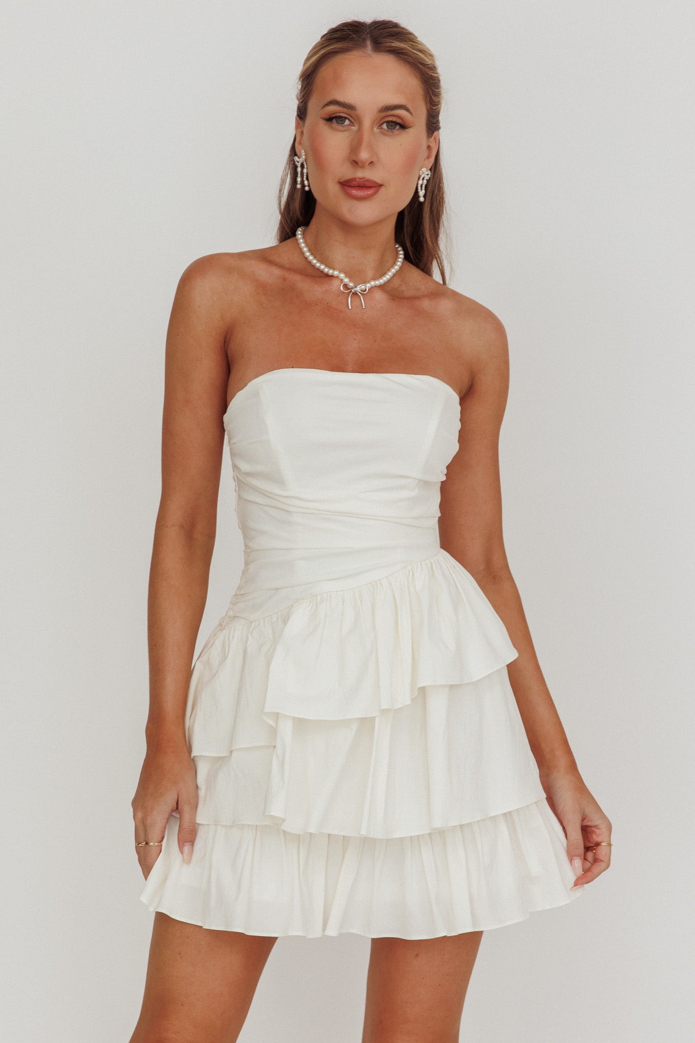 Destini Strapless Layered Frill Mini Dress Off White-Maymioy