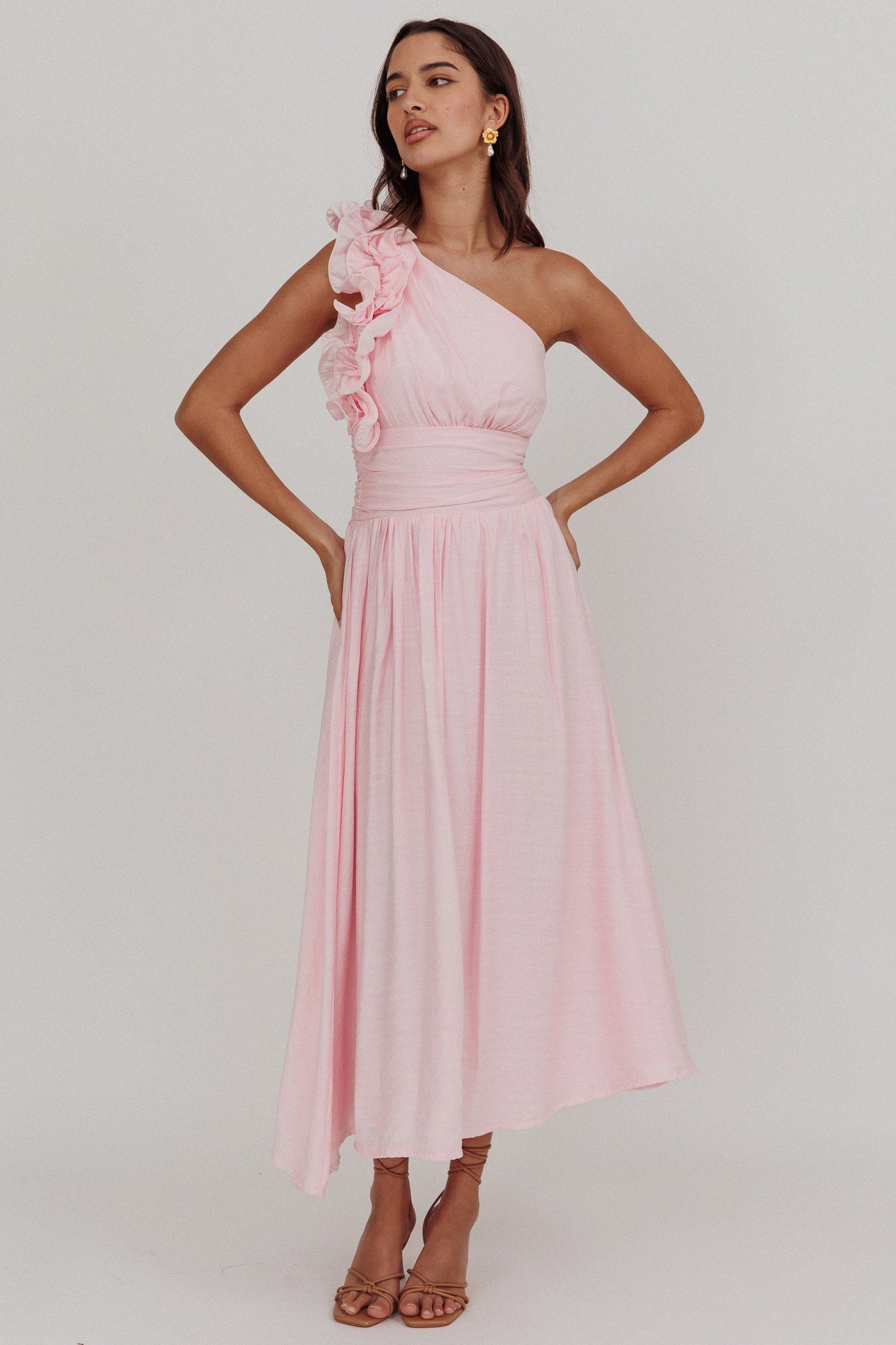 Antheia One-Shoulder Maxi Dress Baby Pink-Maymioy