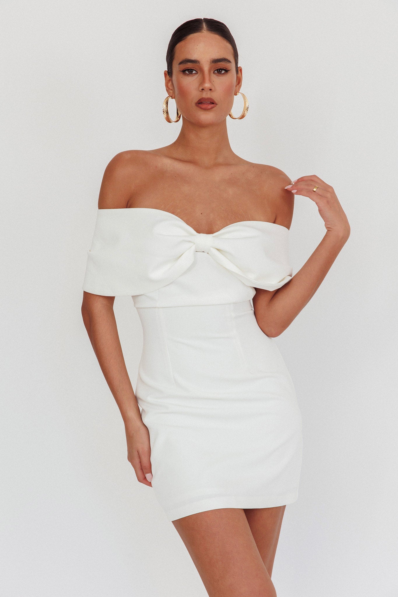 Sweet Caroline Off-Shoulder Bow Mini Dress White-Maymioy