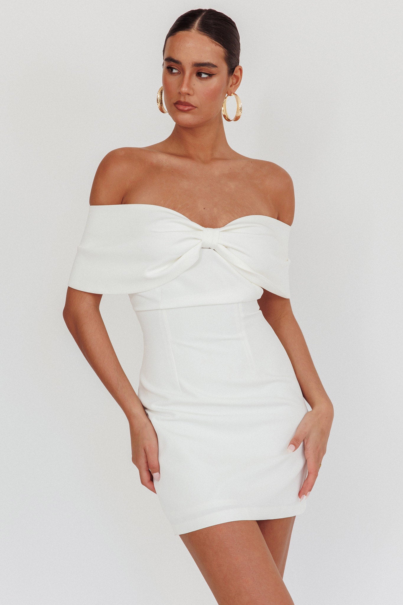 Sweet Caroline Off-Shoulder Bow Mini Dress White-Maymioy