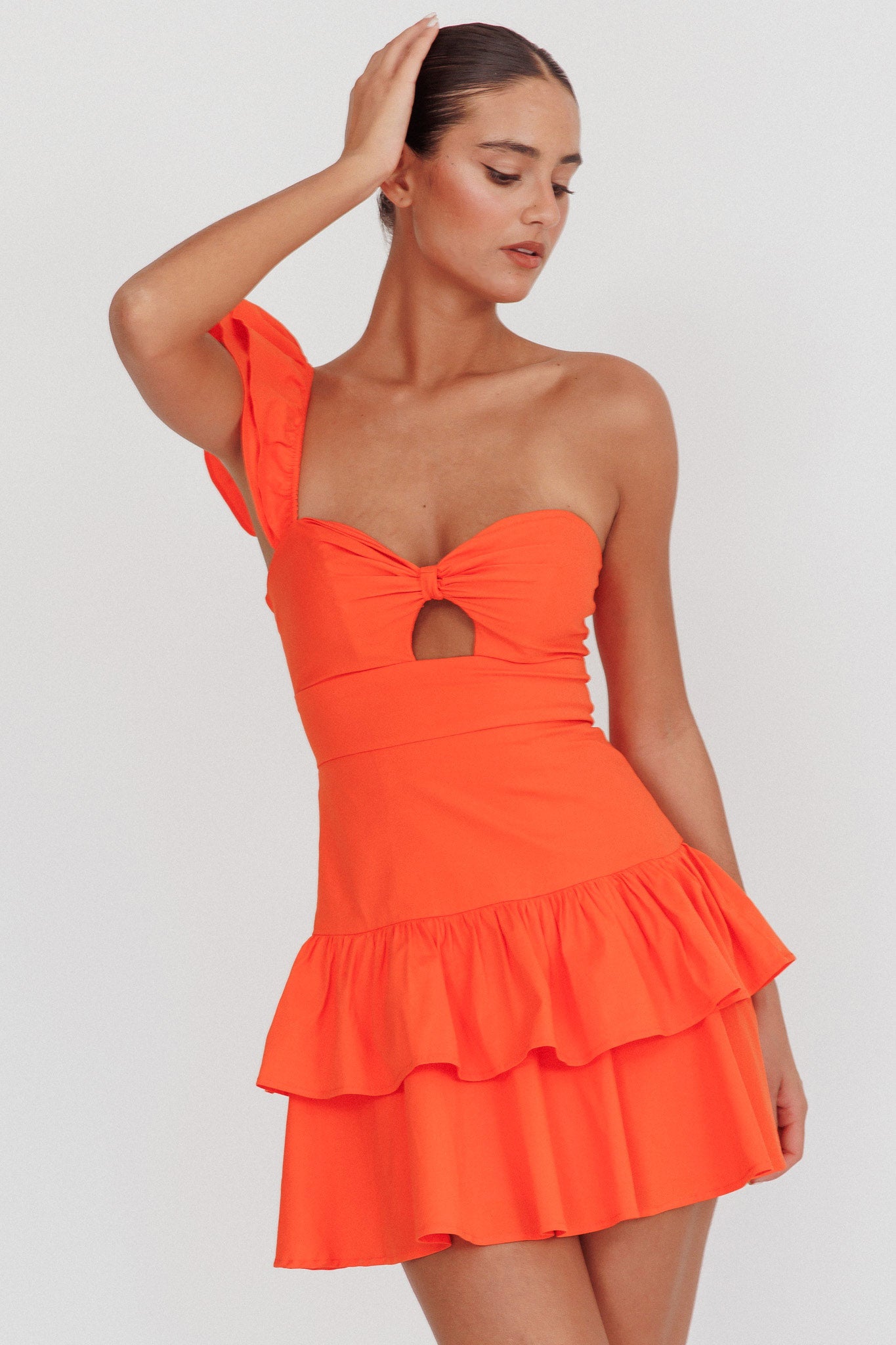 Tea Time One Shoulder Ruffle Mini Dress Tangerine-Maymioy