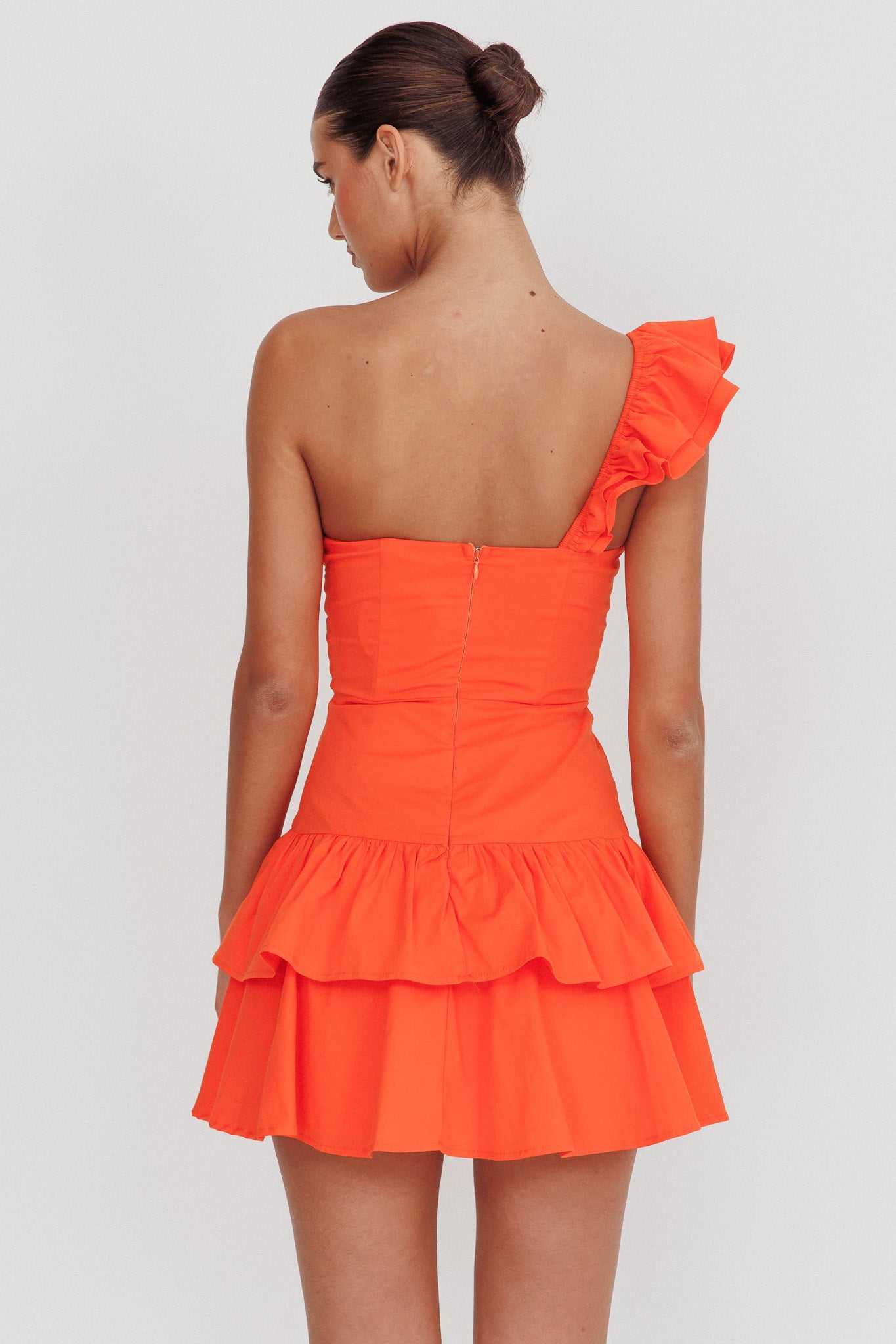 Tea Time One Shoulder Ruffle Mini Dress Tangerine-Maymioy