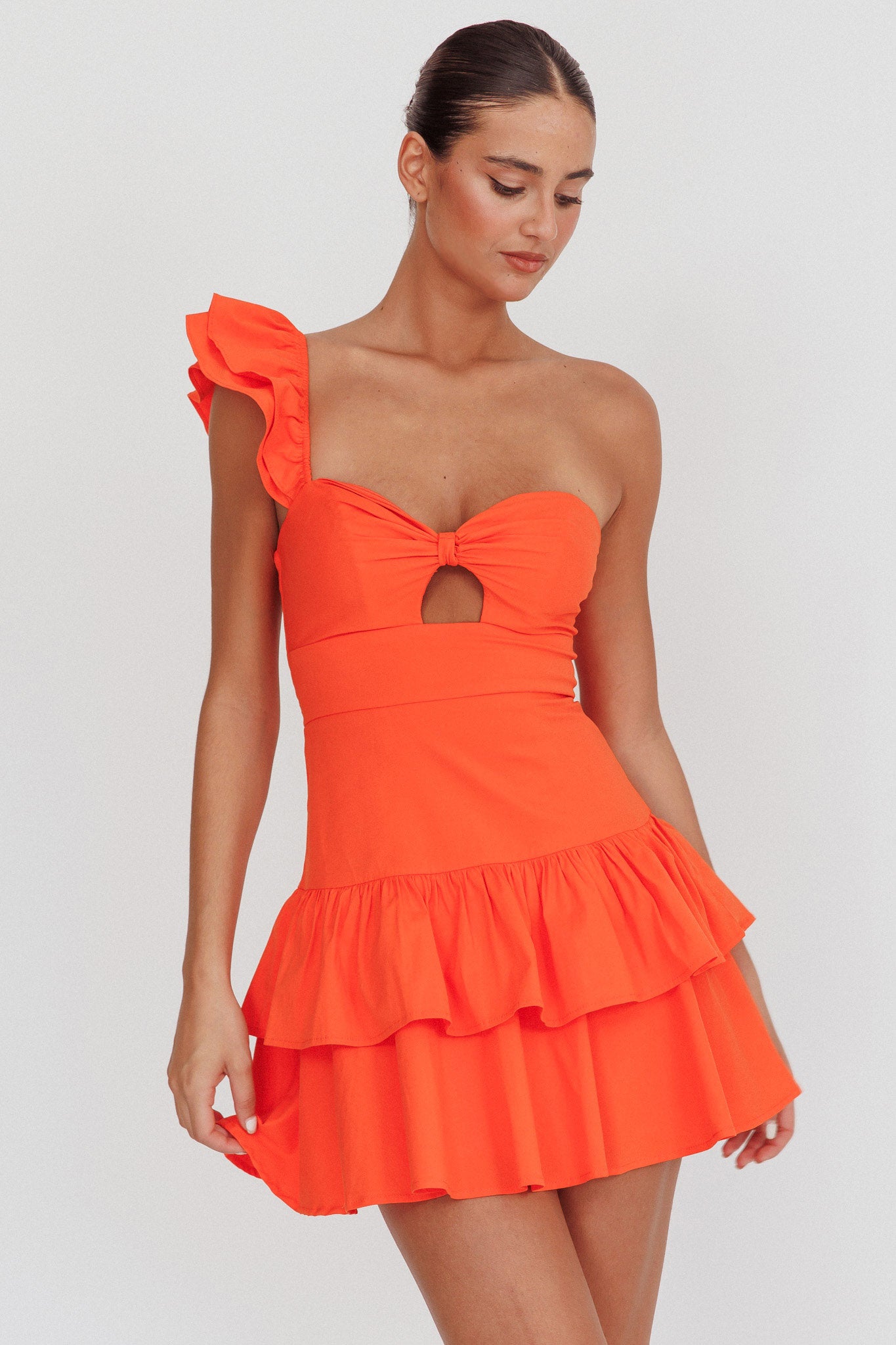 Tea Time One Shoulder Ruffle Mini Dress Tangerine-Maymioy
