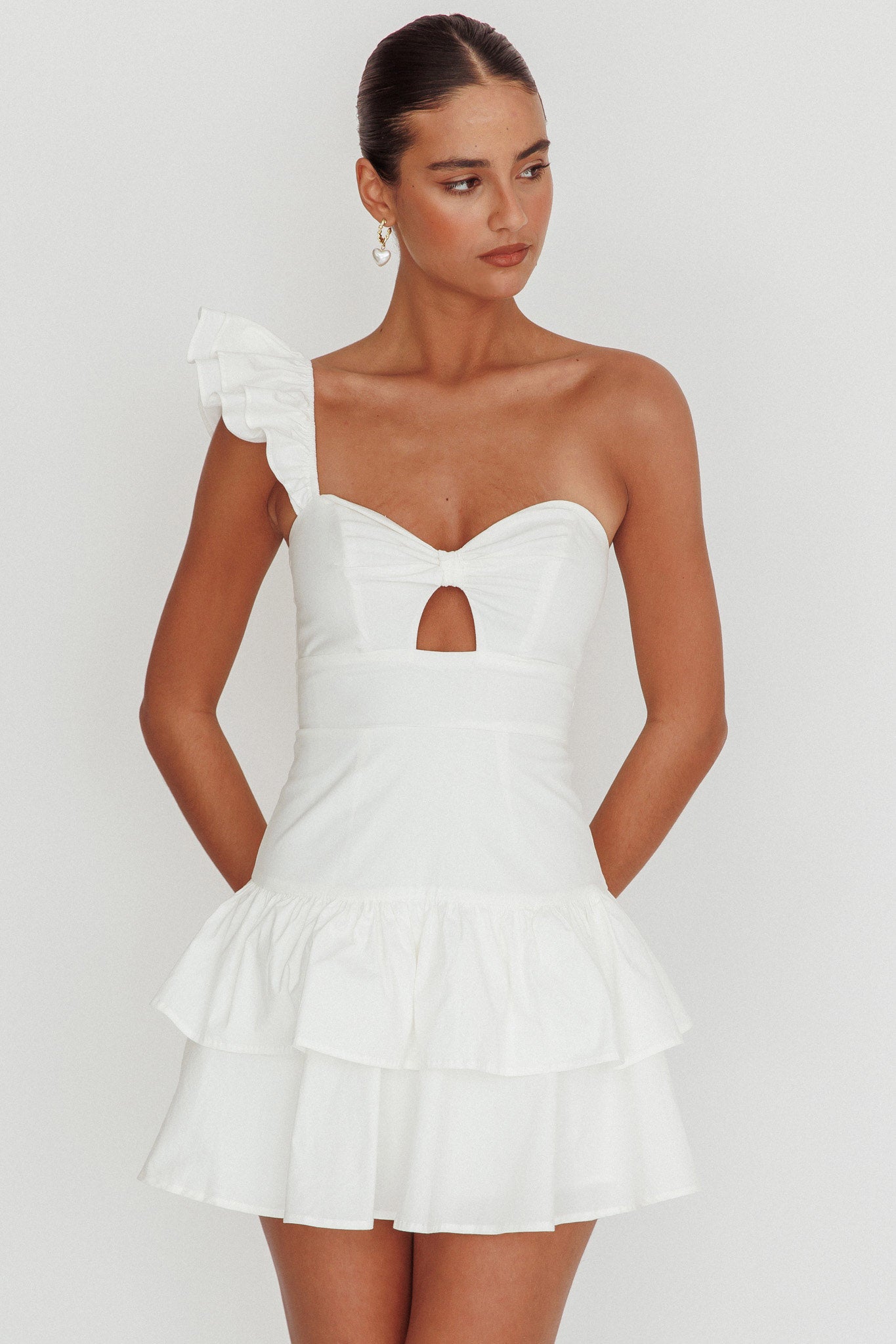 Tea Time One Shoulder Ruffle Mini Dress White-Maymioy