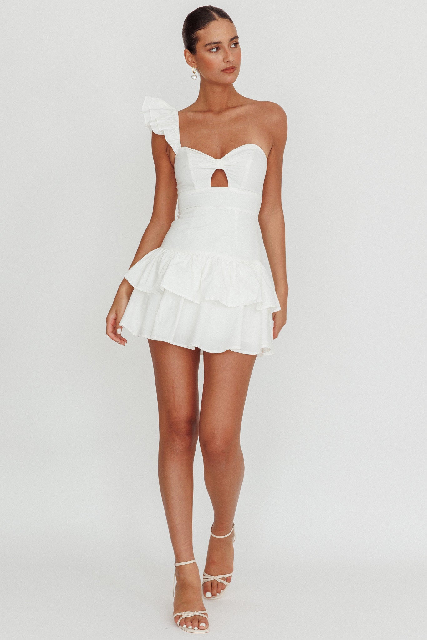 Tea Time One Shoulder Ruffle Mini Dress White-Maymioy