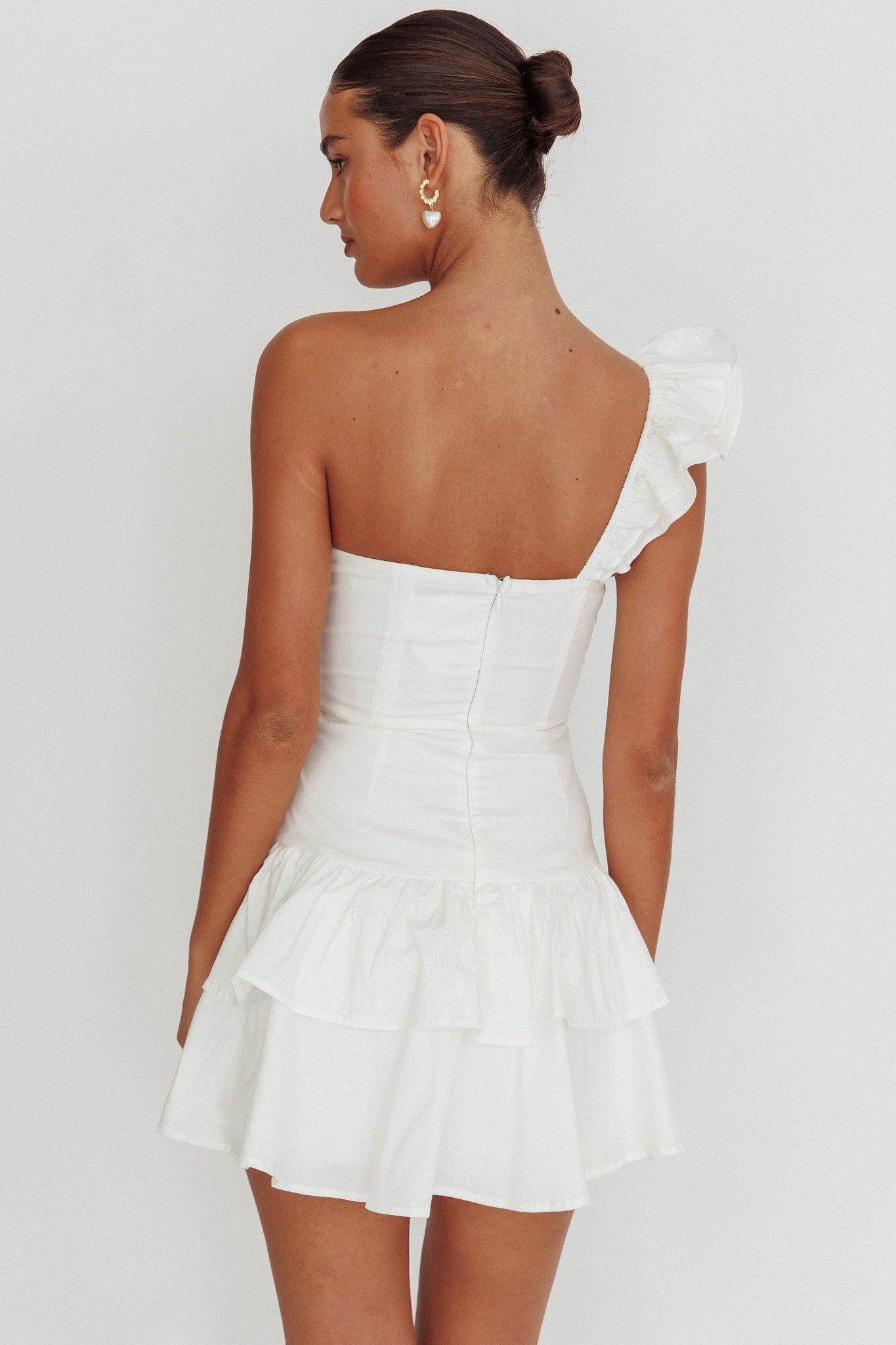 Tea Time One Shoulder Ruffle Mini Dress White-Maymioy