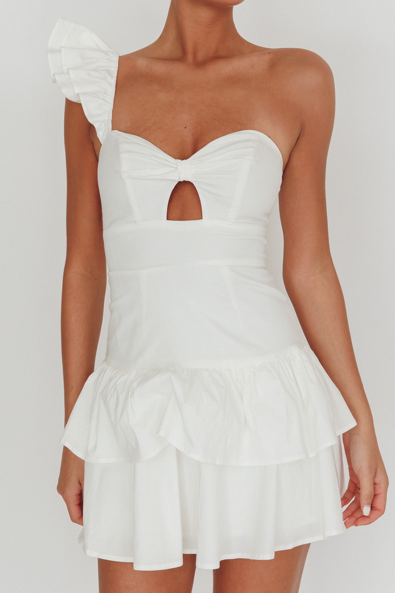Tea Time One Shoulder Ruffle Mini Dress White-Maymioy