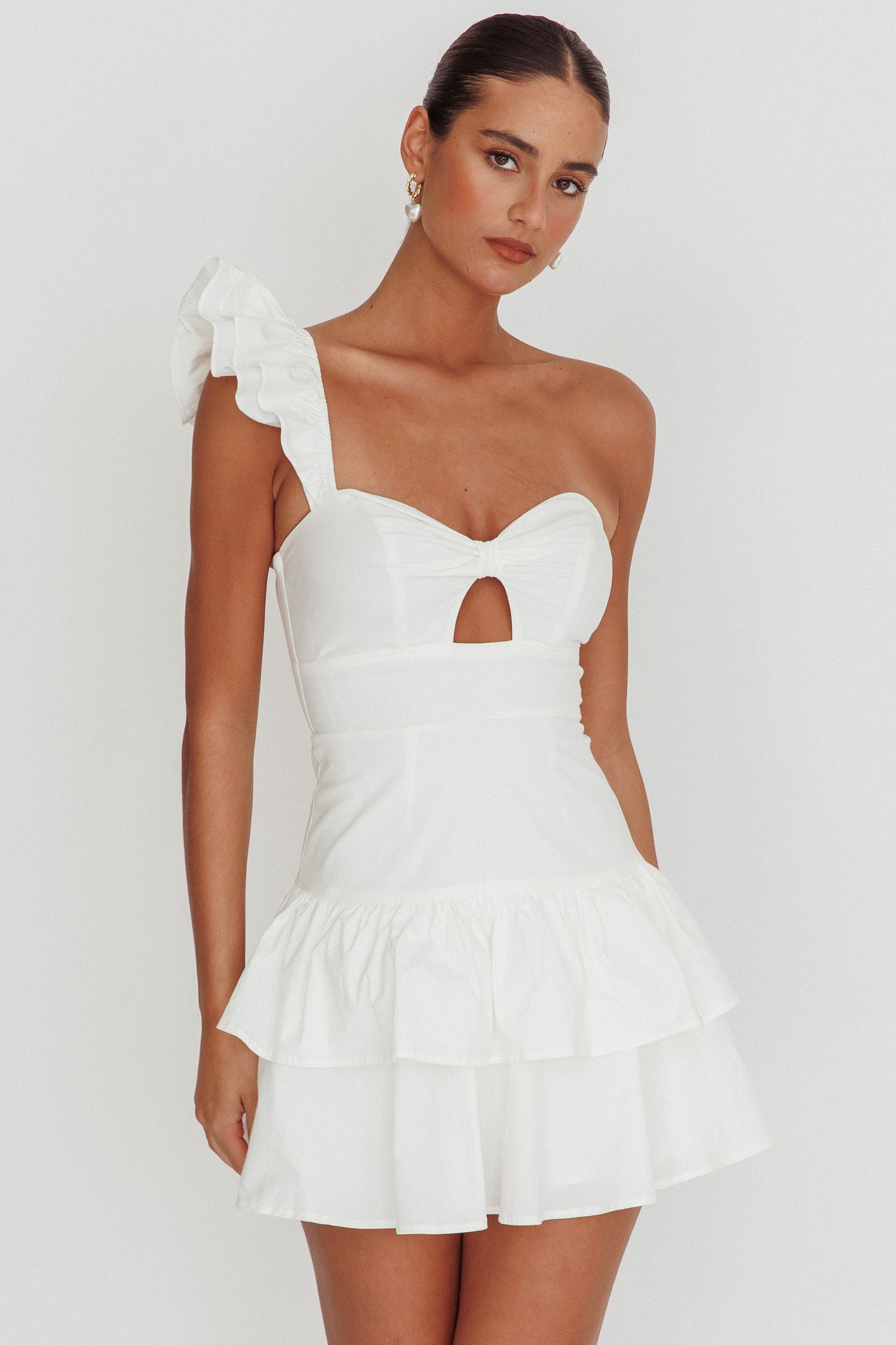 Tea Time One Shoulder Ruffle Mini Dress White-Maymioy
