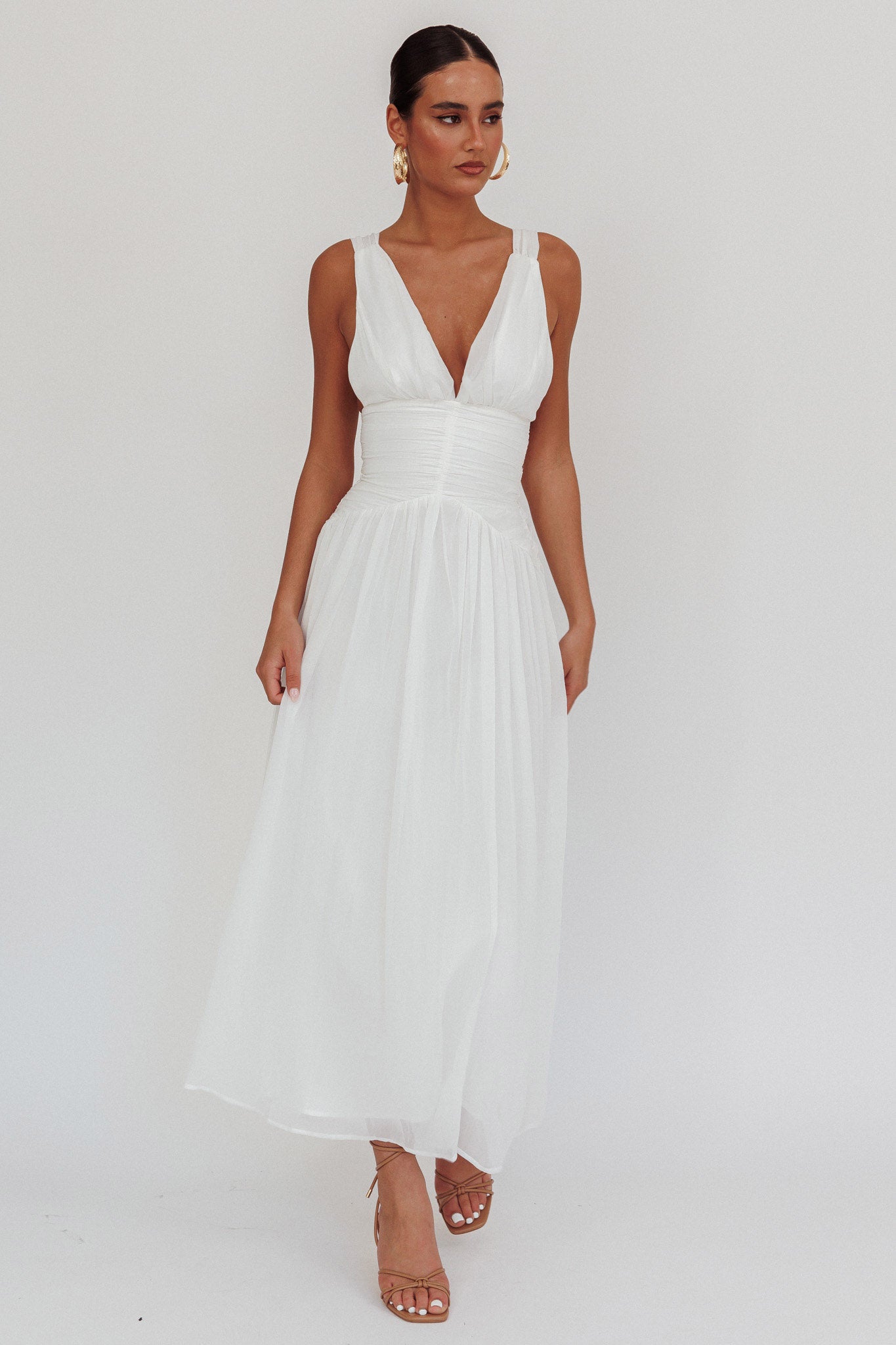 Sammi Ruched Waist Tied Back Maxi Dress White-Maymioy