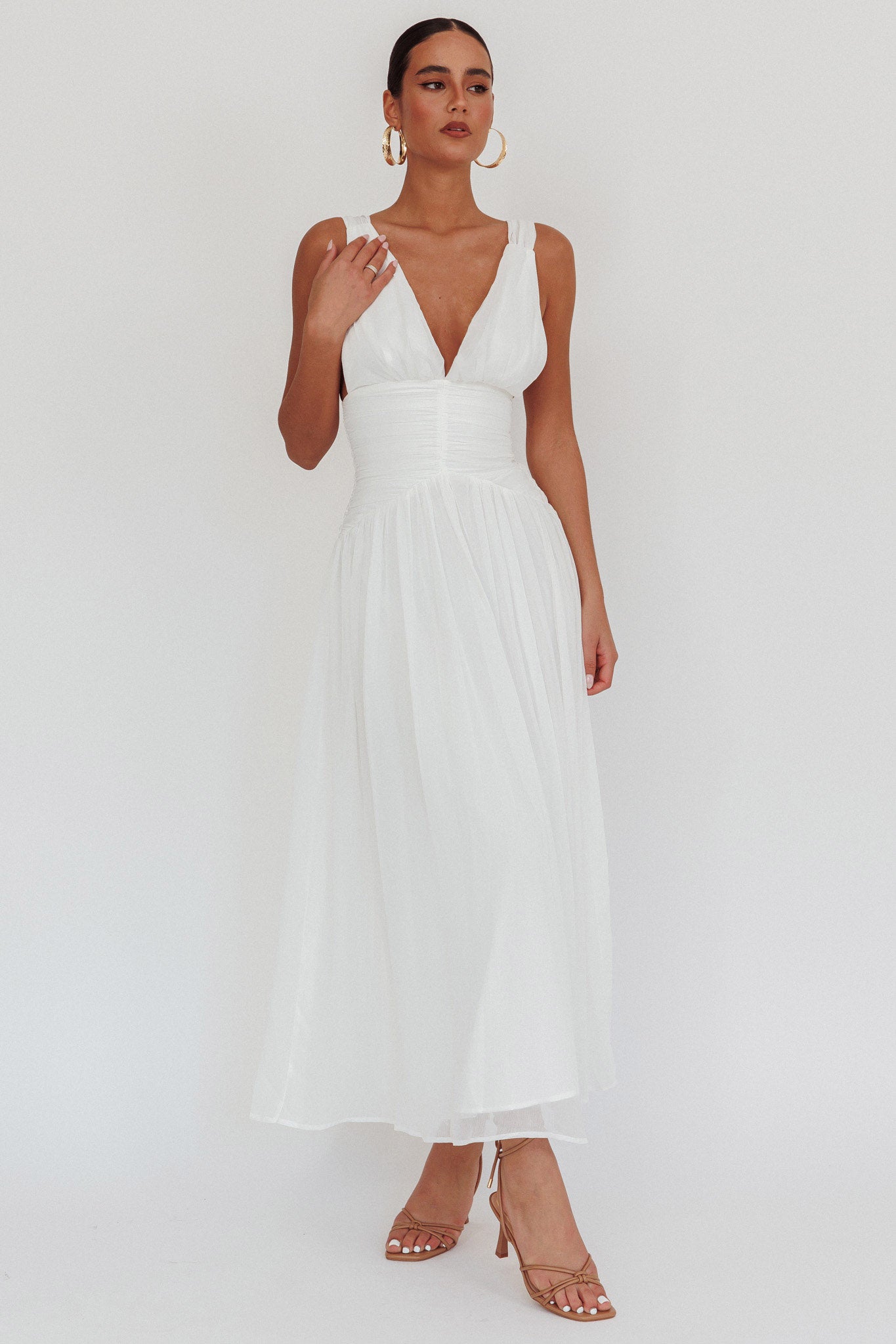 Sammi Ruched Waist Tied Back Maxi Dress White-Maymioy