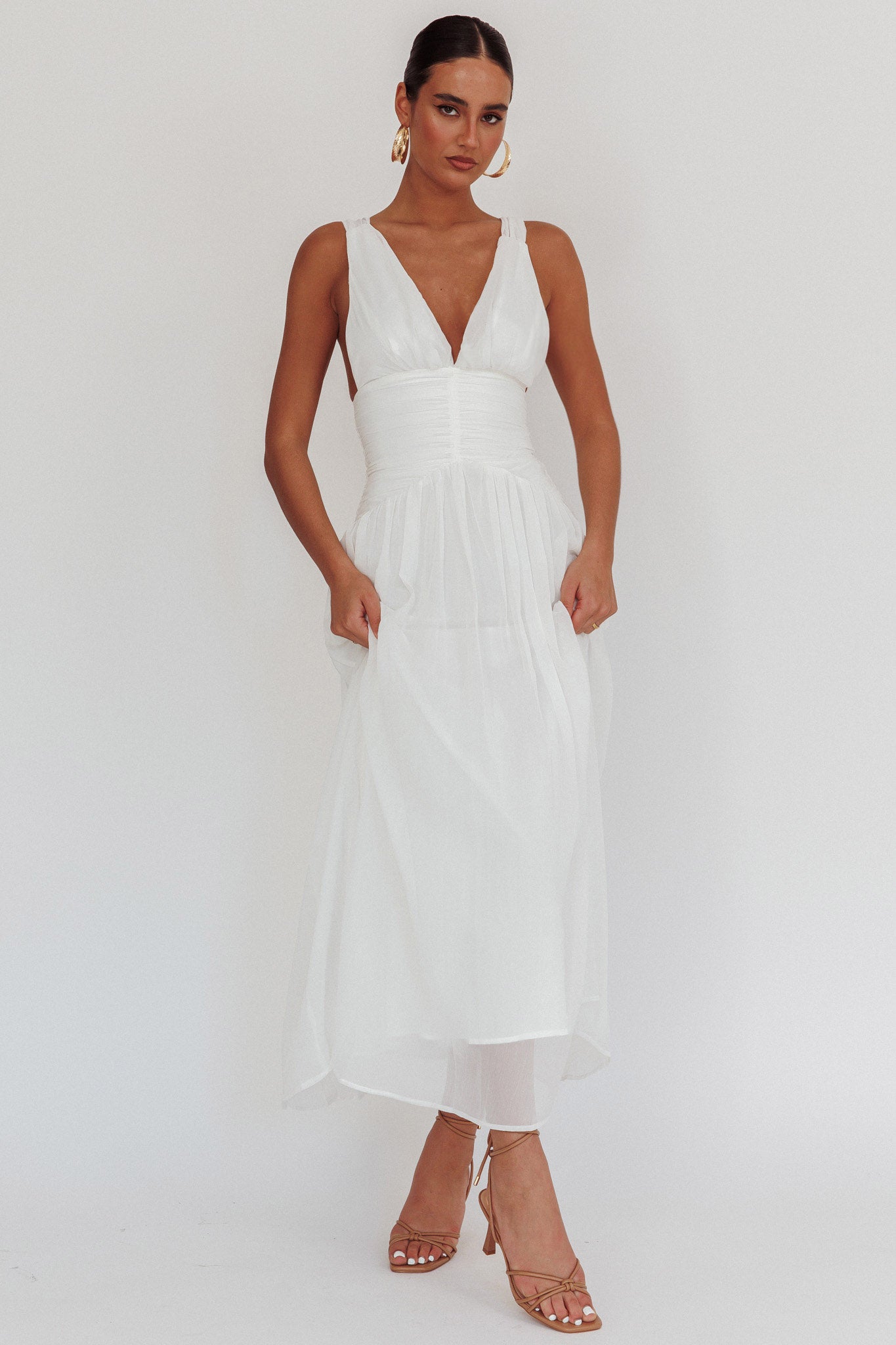 Sammi Ruched Waist Tied Back Maxi Dress White-Maymioy