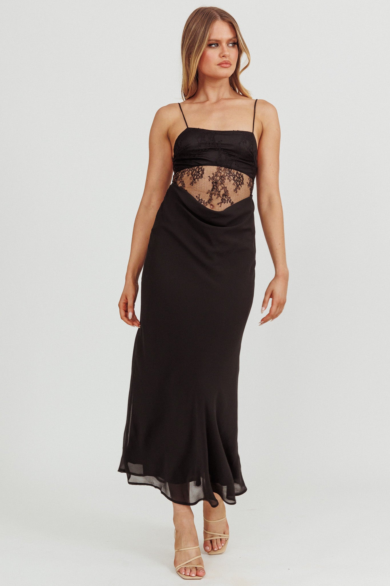 These Days Backless Lace Waist Maxi Dress Black-Maymioy