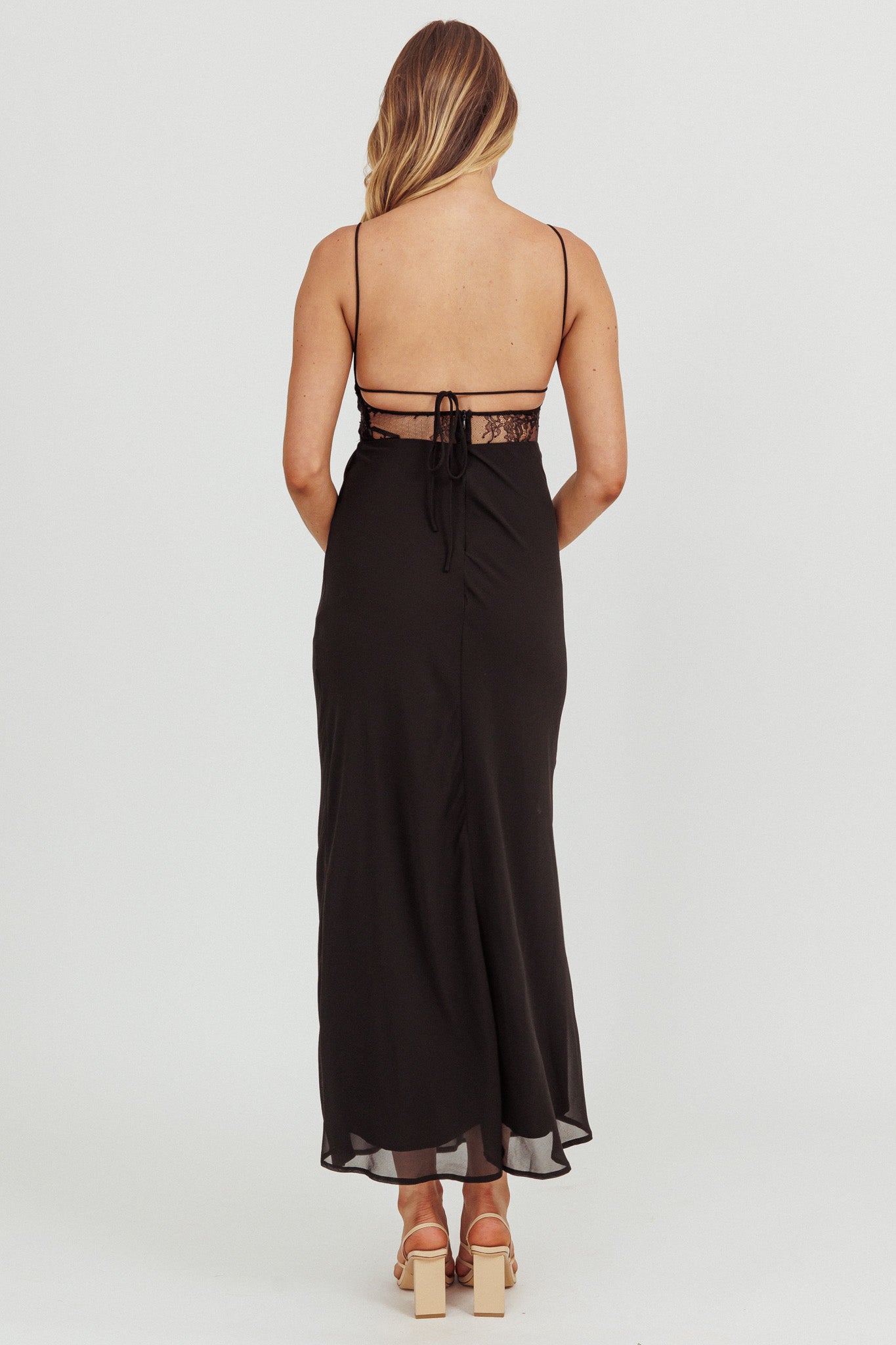 These Days Backless Lace Waist Maxi Dress Black-Maymioy