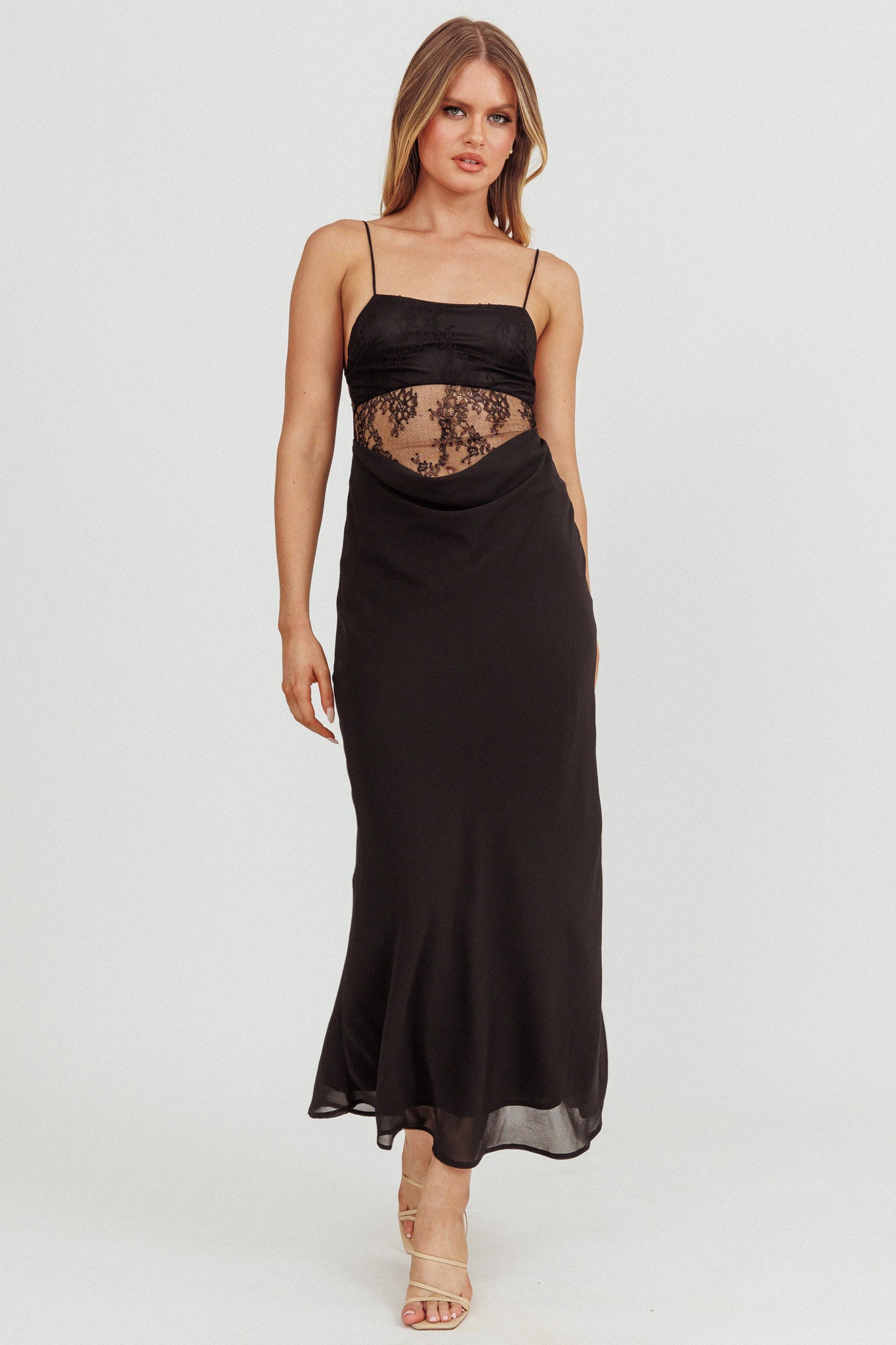 These Days Backless Lace Waist Maxi Dress Black-Maymioy