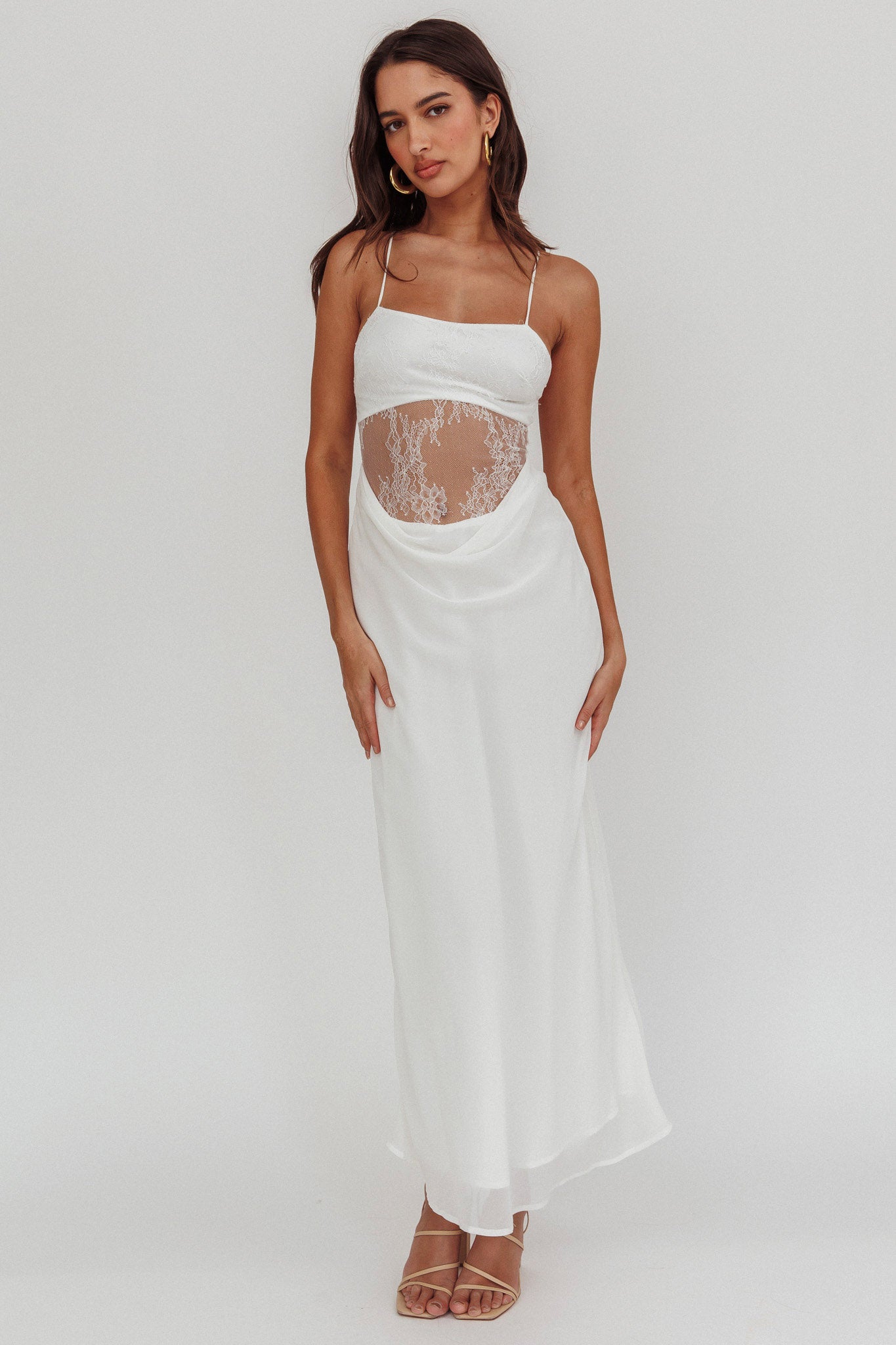 These Days Backless Lace Waist Maxi Dress White-Maymioy