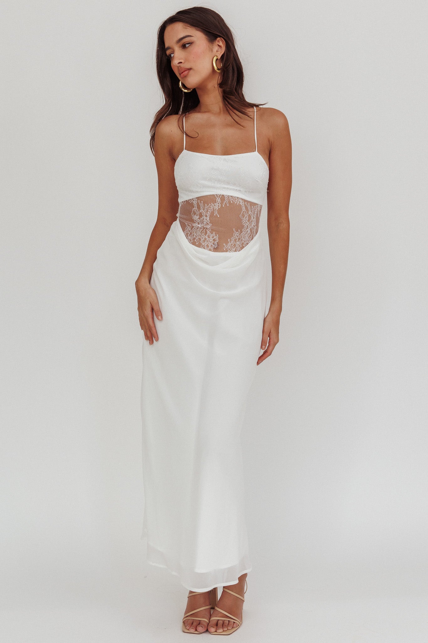 These Days Backless Lace Waist Maxi Dress White-Maymioy