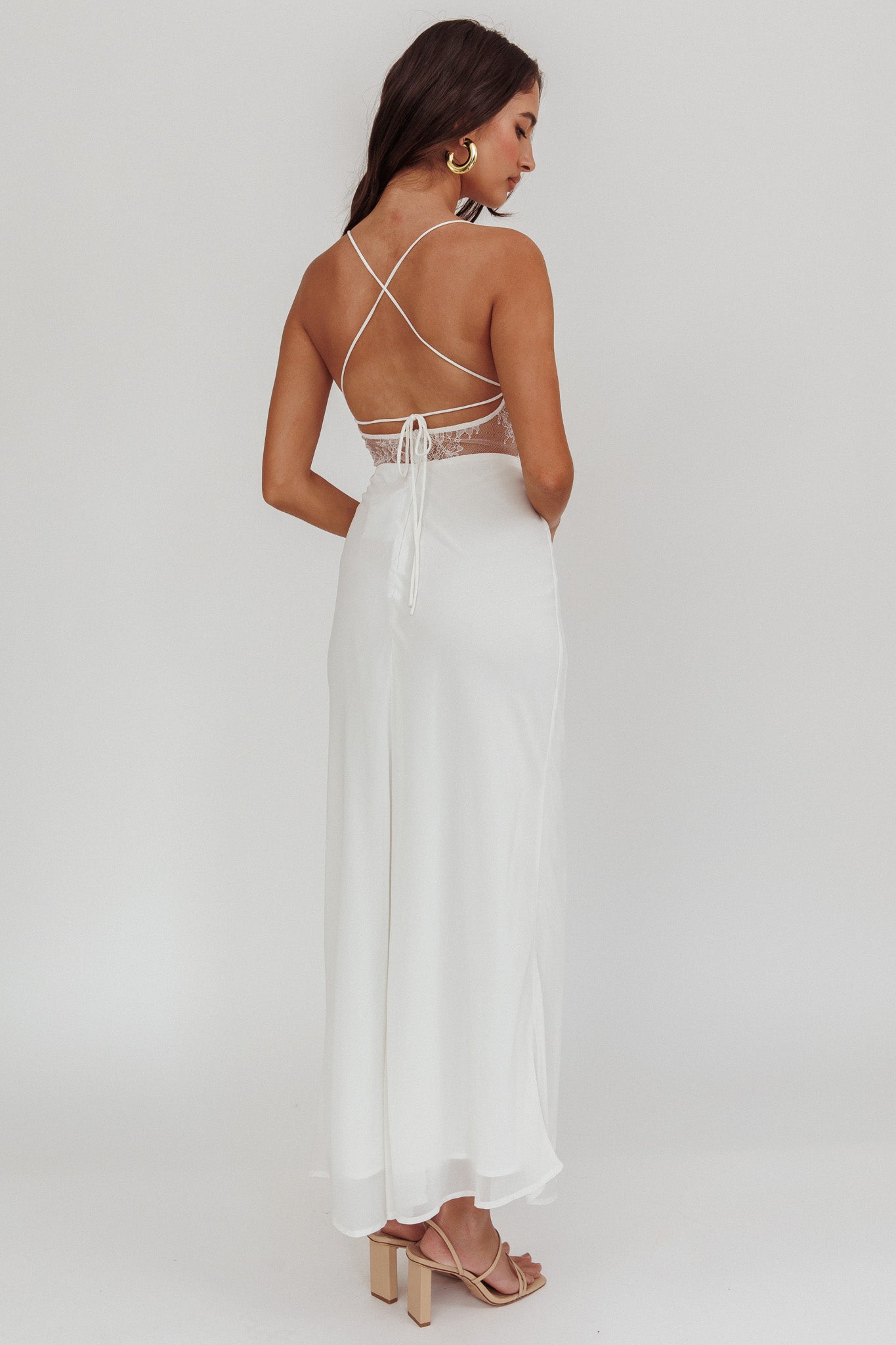These Days Backless Lace Waist Maxi Dress White-Maymioy