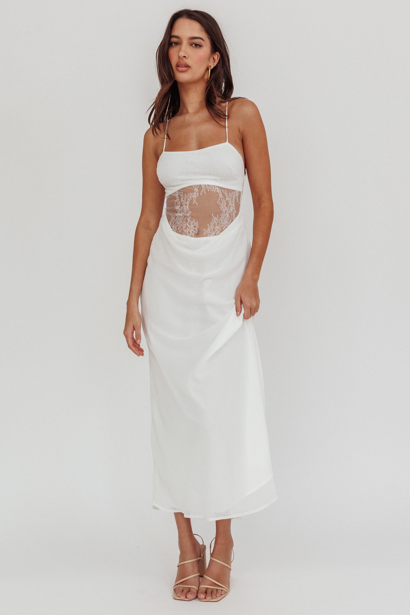 These Days Backless Lace Waist Maxi Dress White-Maymioy