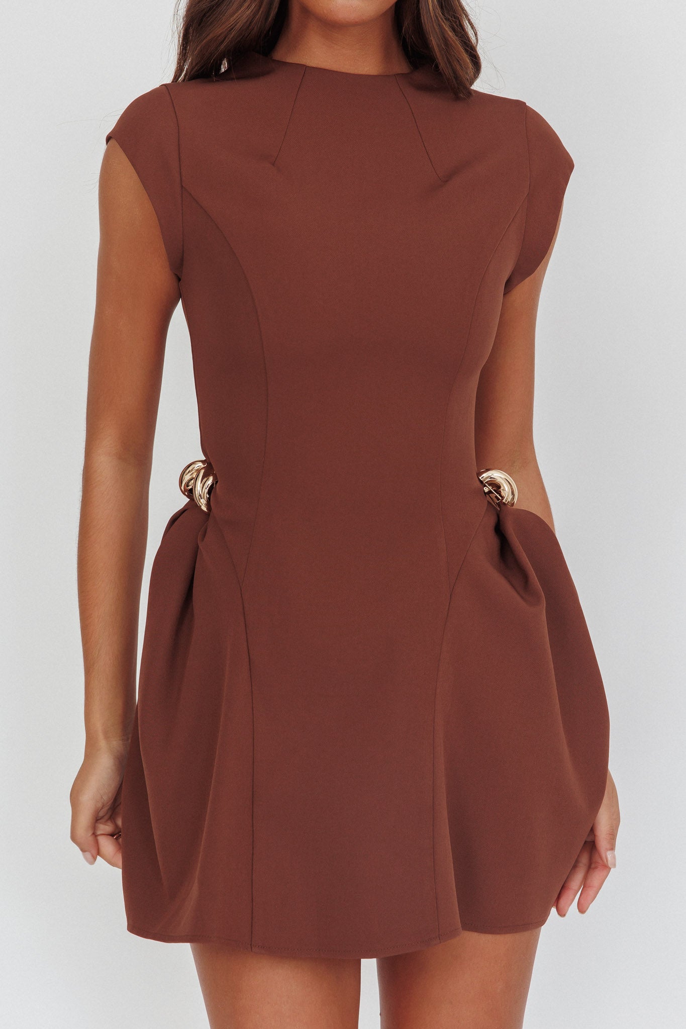Girl Talks Cap Sleeve Puff Skirt Mini Dress Chocolate-Maymioy