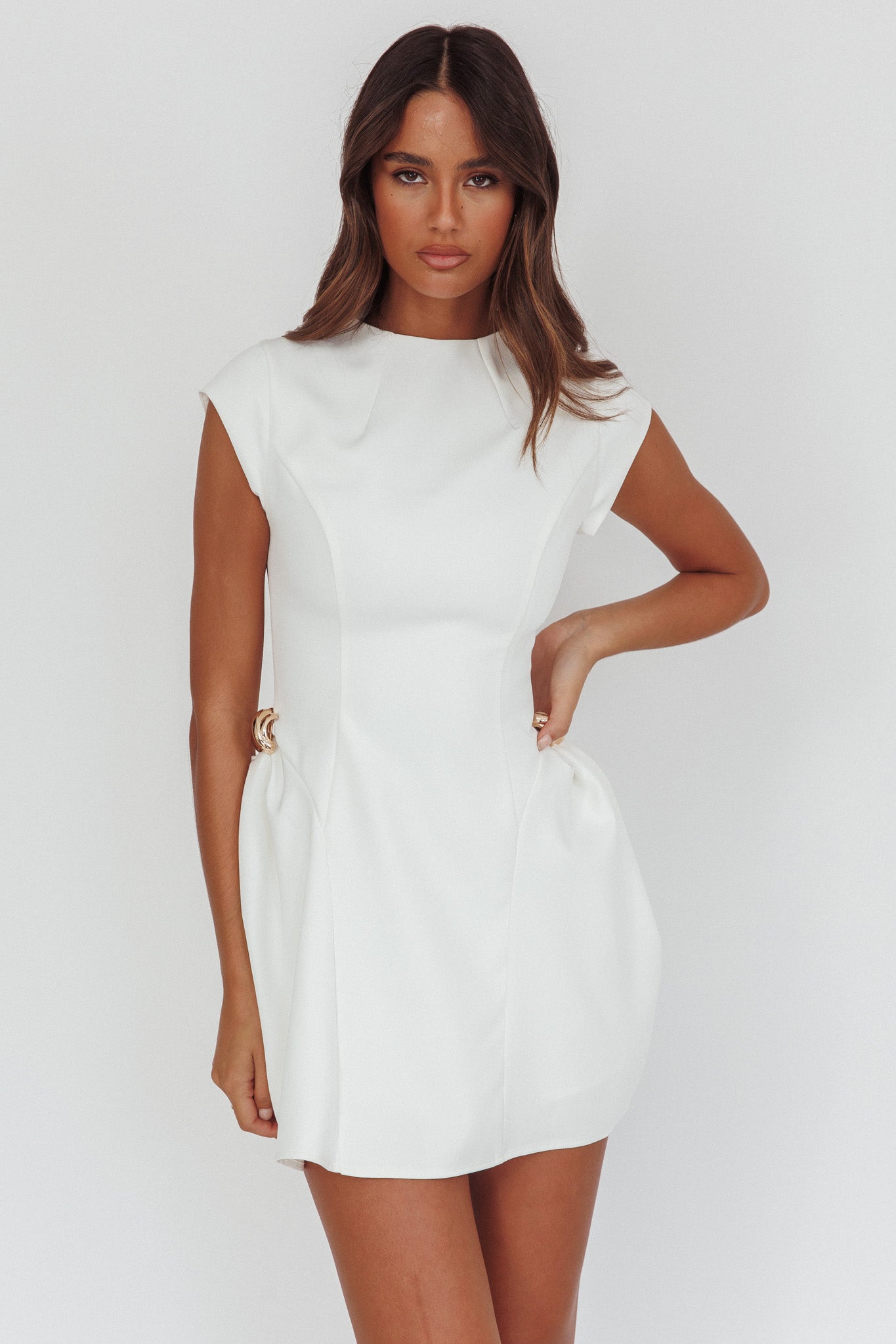 Girl Talks Cap Sleeve Puff Skirt Mini Dress Off White-Maymioy