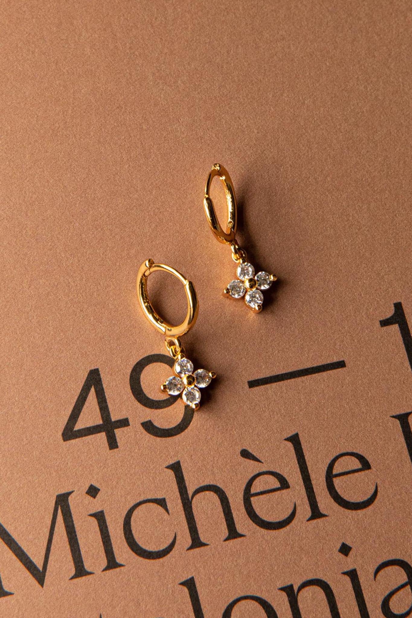 Dexter Clover Diamante Drop Hoop Earrings Gold-Maymioy