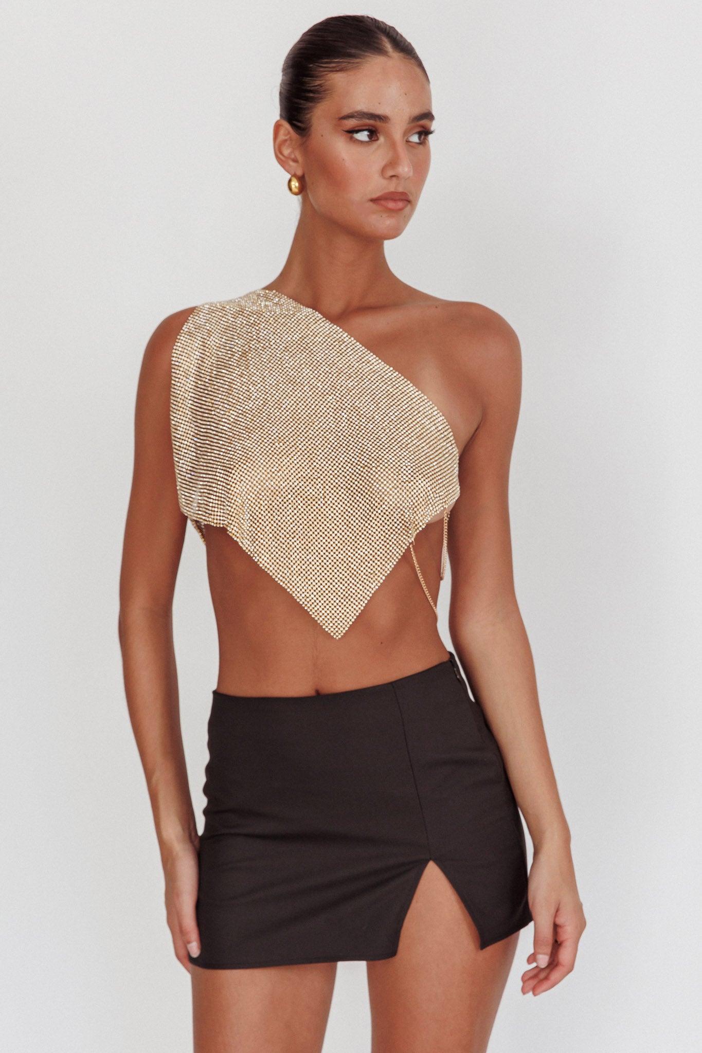 Sun Dial One Shoulder Diamante Top Gold-Maymioy