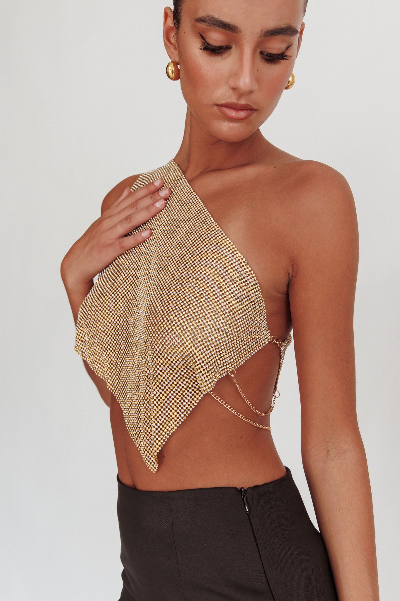 Sun Dial One Shoulder Diamante Top Gold-Maymioy