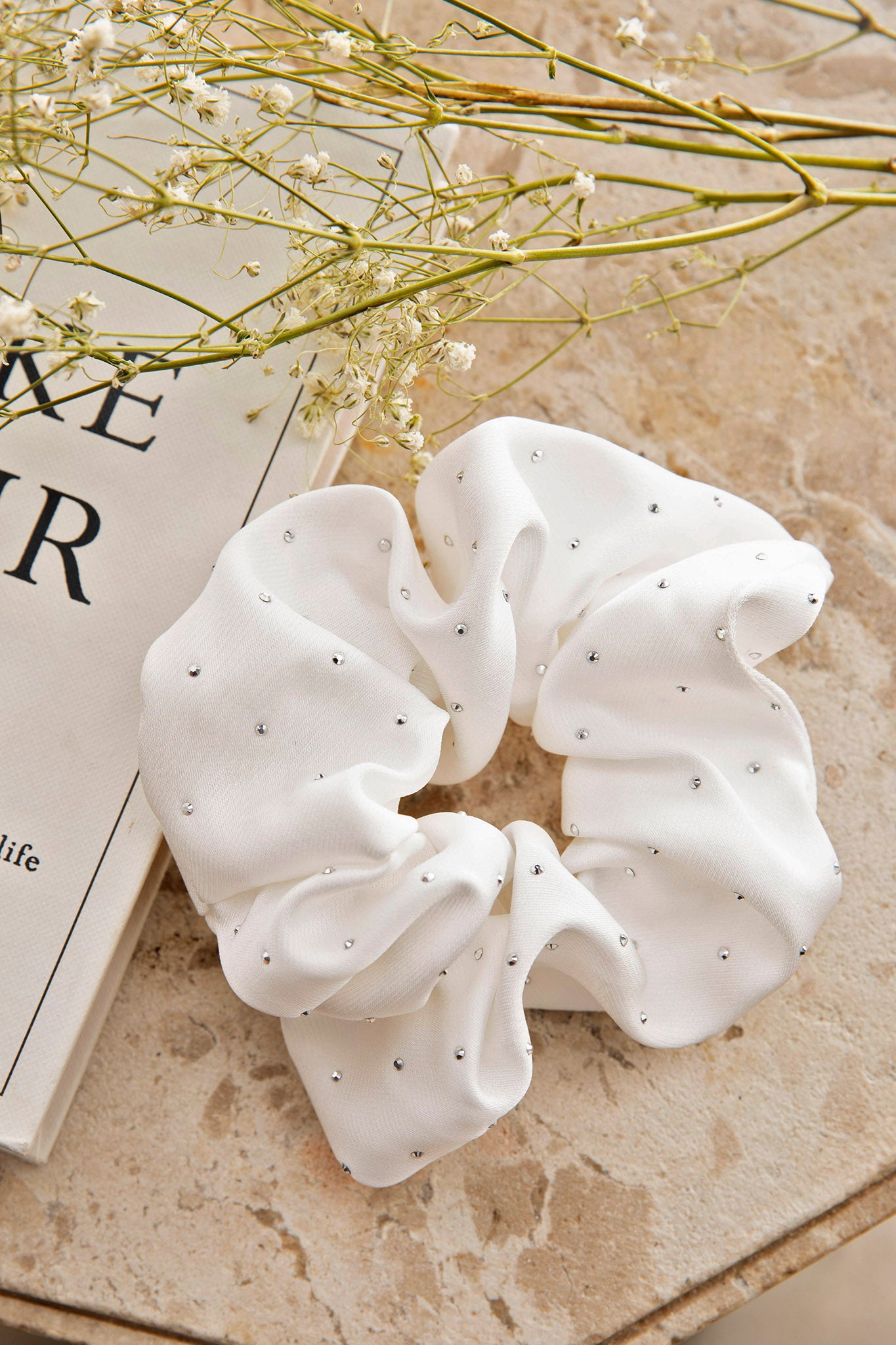 City Lights Embellished Scrunchie White-Maymioy